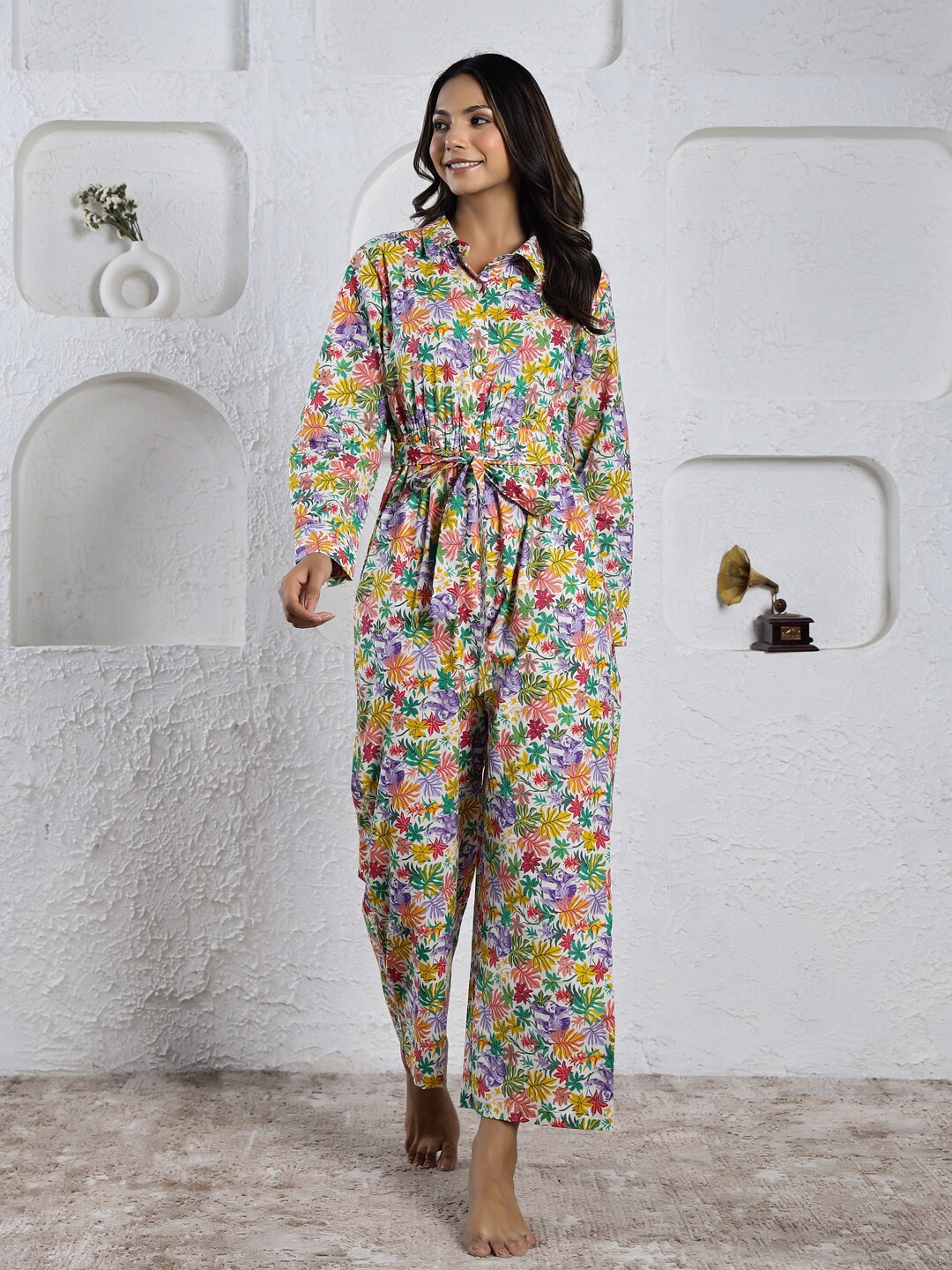 

SANSKRUTIHOMES Floral Printed Basic Jumpsuit, White