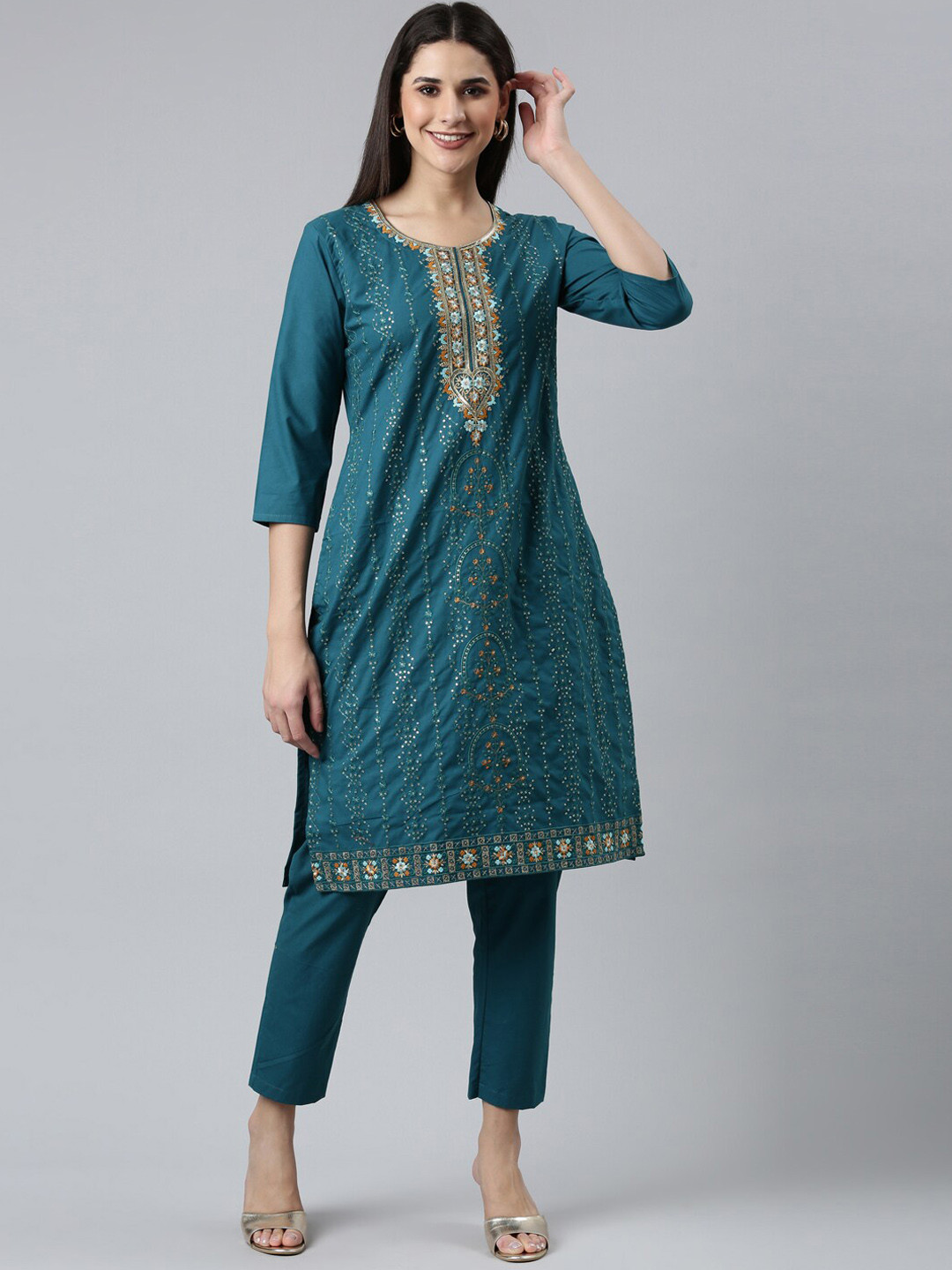 

FLAVIDO Embroidered Round Neck Sequnnied Pure Cotton Regular Kurta With Trousers, Teal