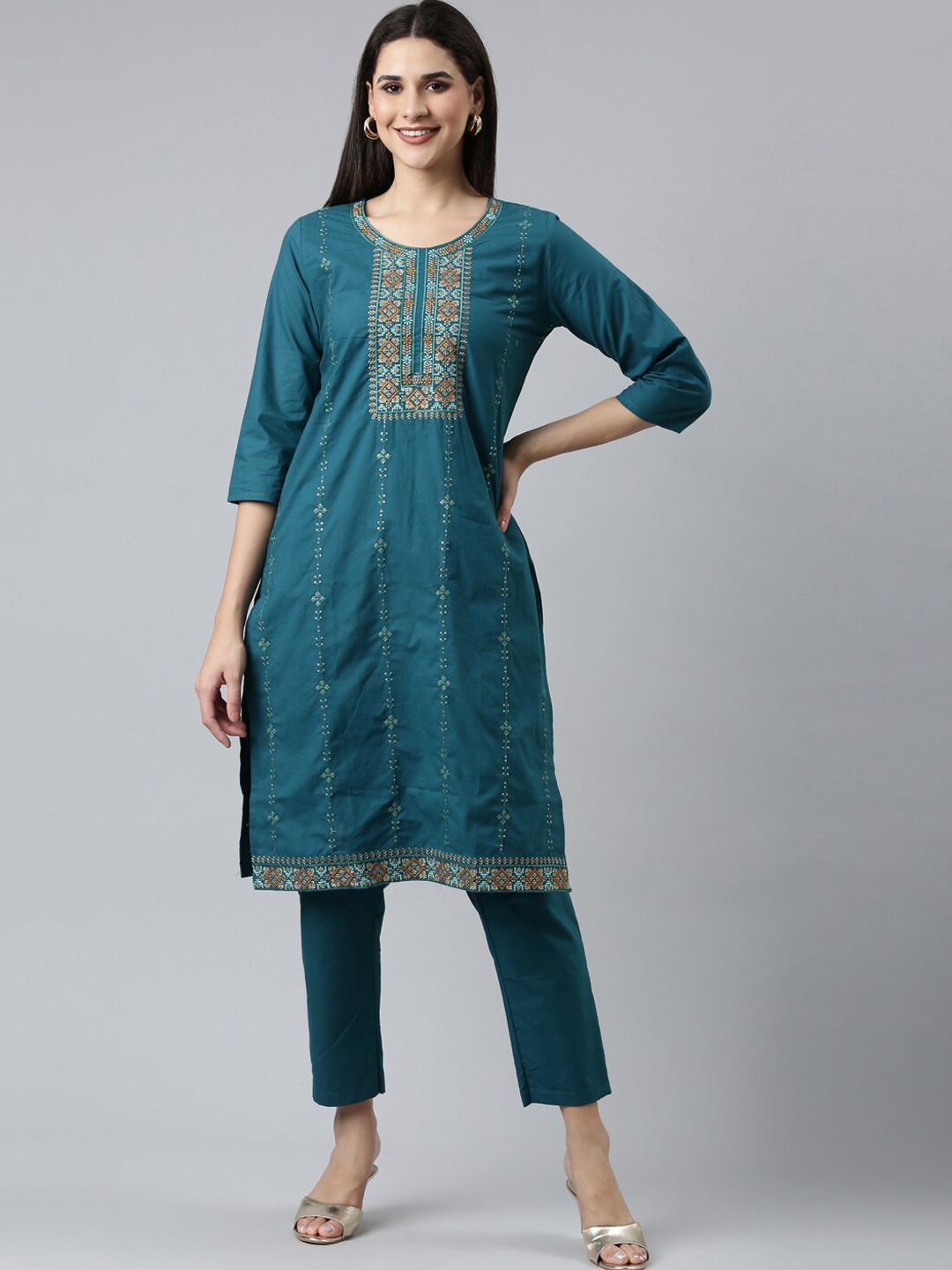 

FLAVIDO Embroidered Round Neck Sequnnied Pure Cotton Regular Kurta With Trousers, Teal