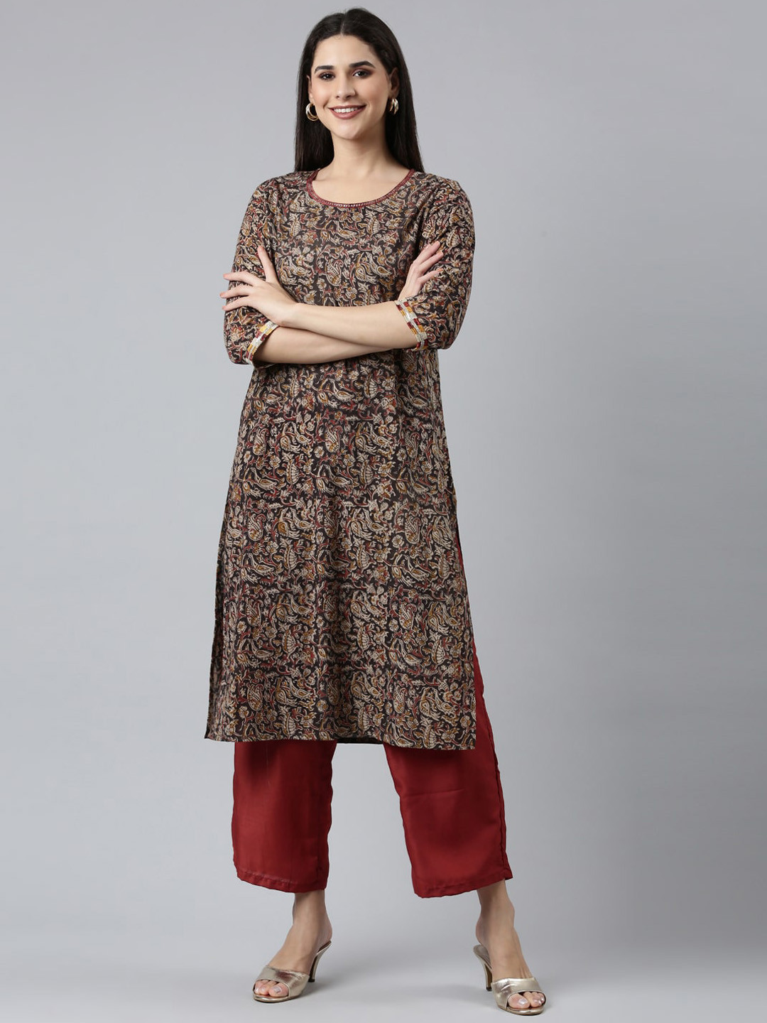 

FLAVIDO Paisley Ethnic Motifs Printed Pure Cotton Regular Kurta with Palazzos, Black