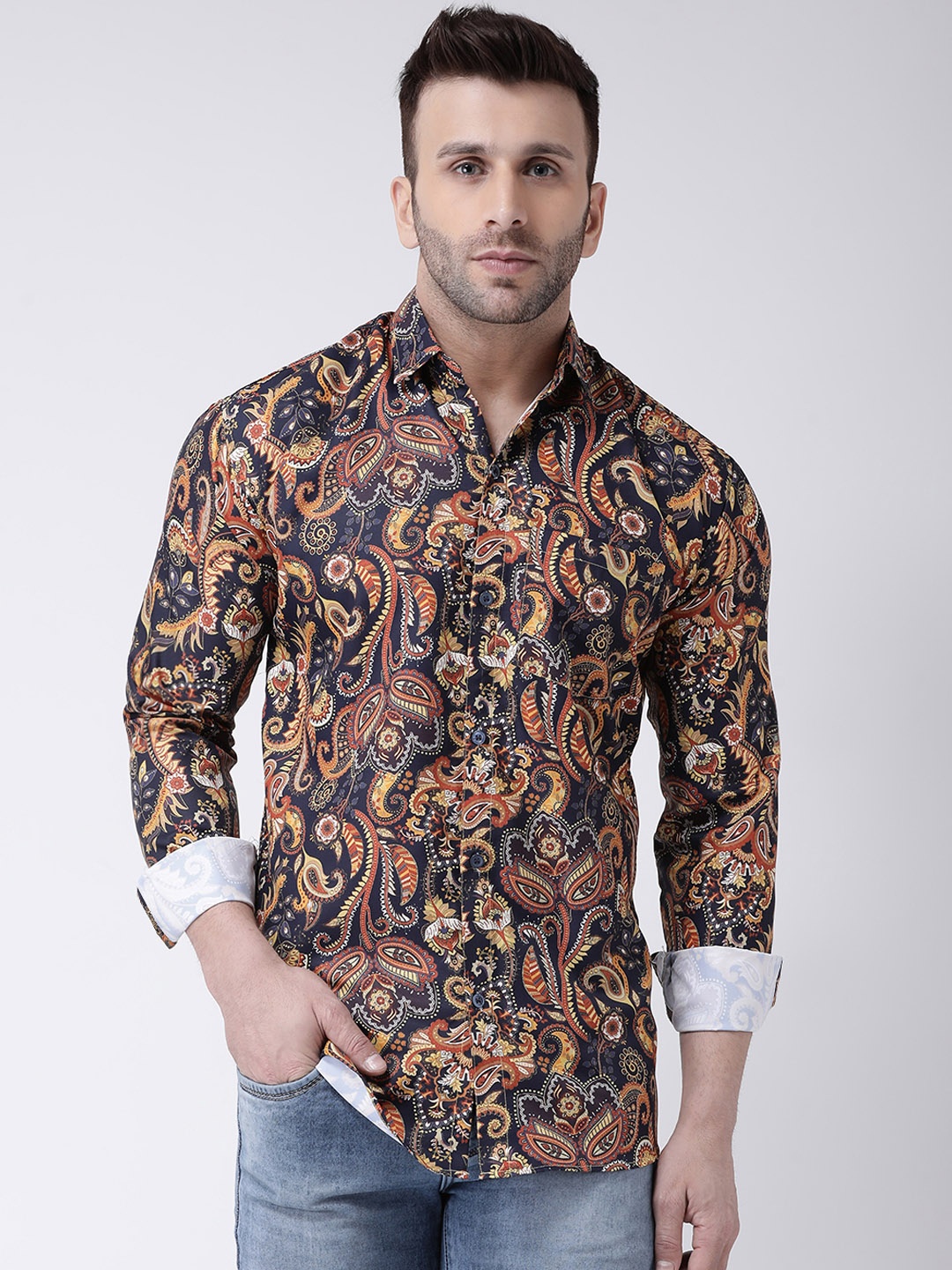 

RIAG Ethnic Printed Cotton Casual Shirt, Navy blue