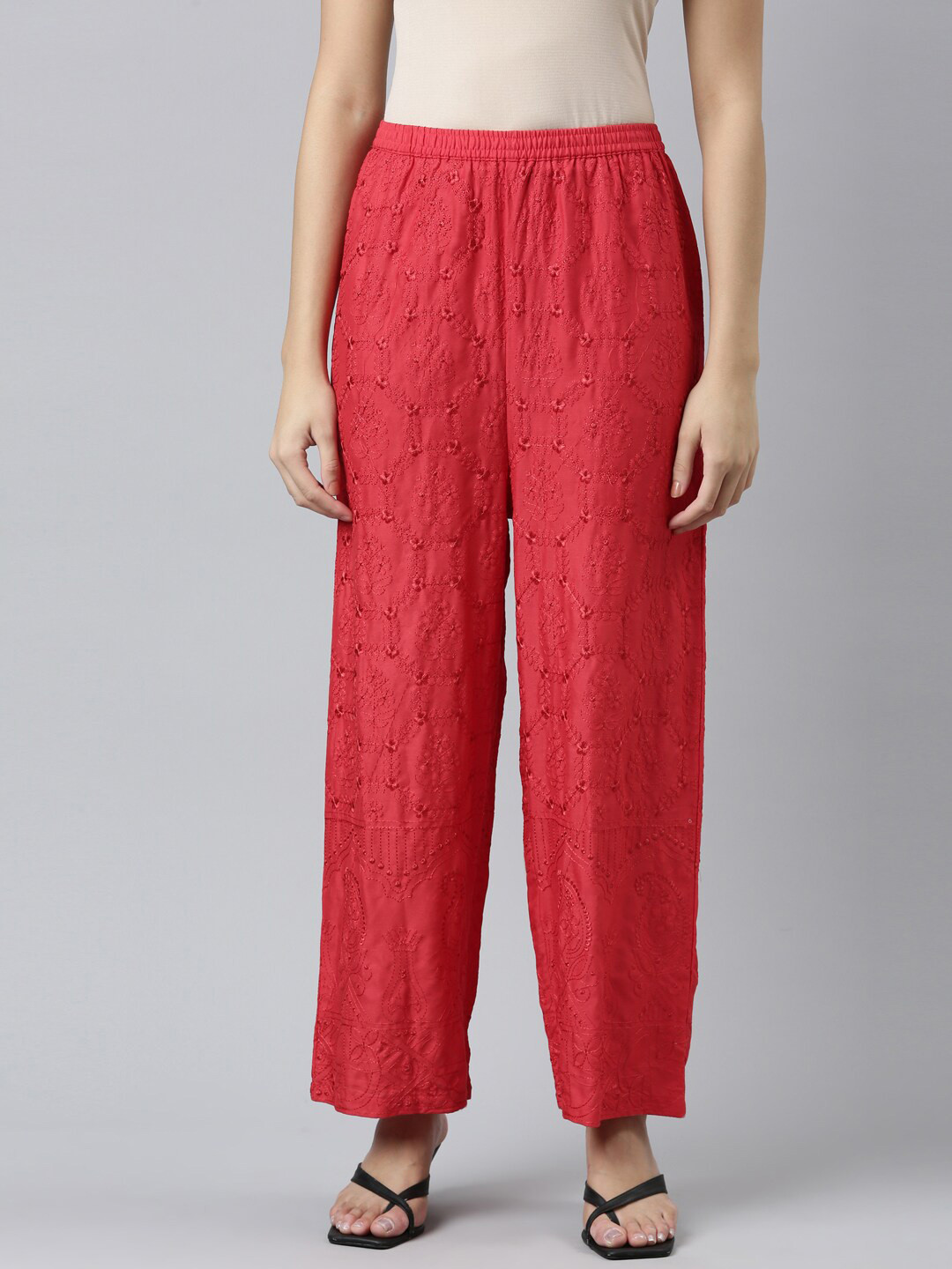 

FLAVIDO Women Floral Embroidered Cotton Palazzos, Red