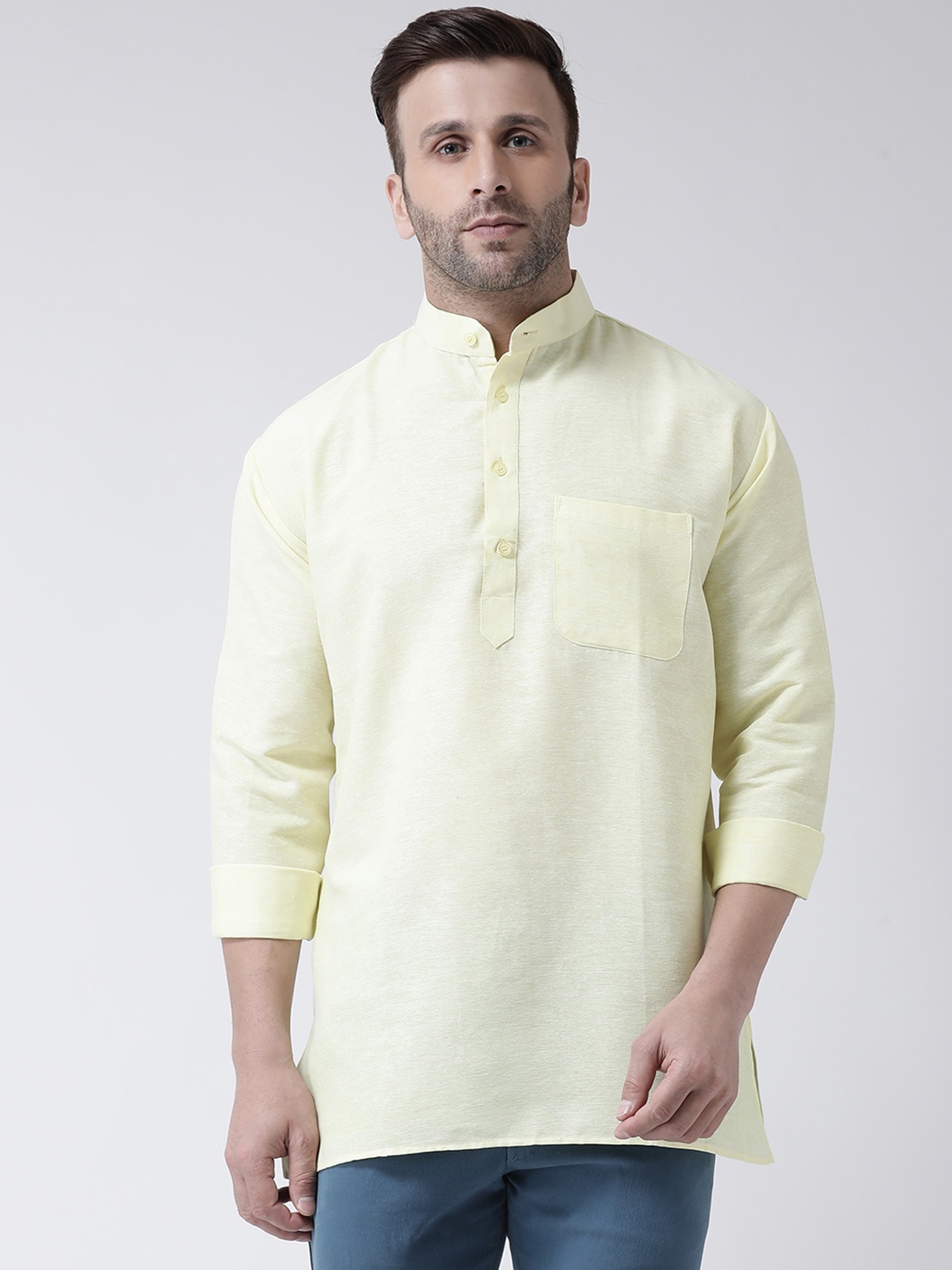 

RIAG Band Collar Long Sleeves Cotton Kurta, Yellow