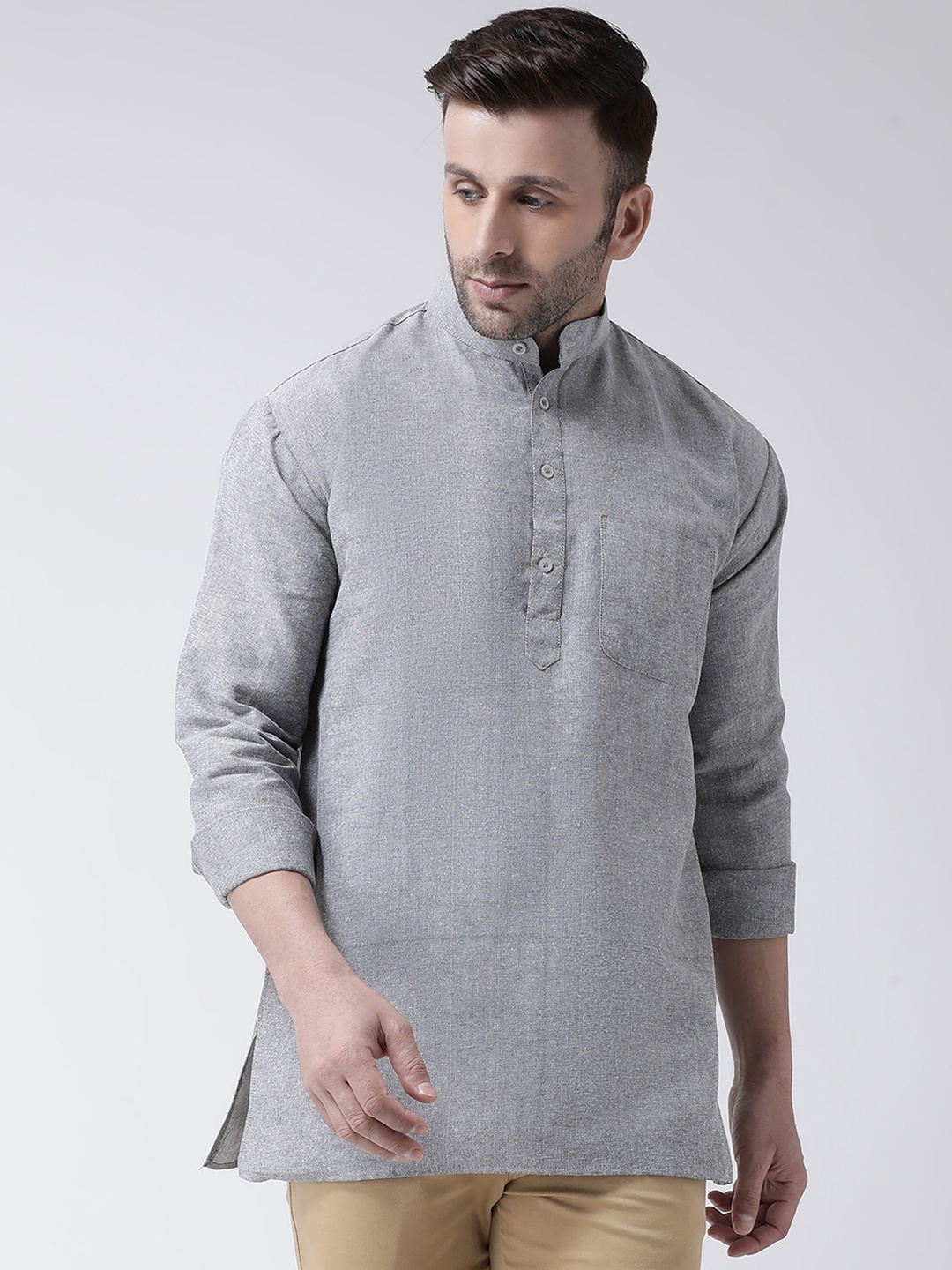 

RIAG Band Collar Long Sleeves Cotton Kurta, Grey