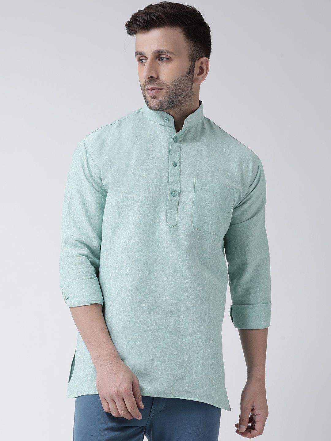 

RIAG Band Collar Long Sleeves Cotton Kurta, Green