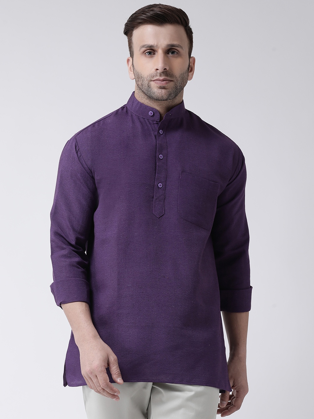 

RIAG Mandarin Collar Roll Up Sleeves Cotton Indigo Short Kurta, Purple