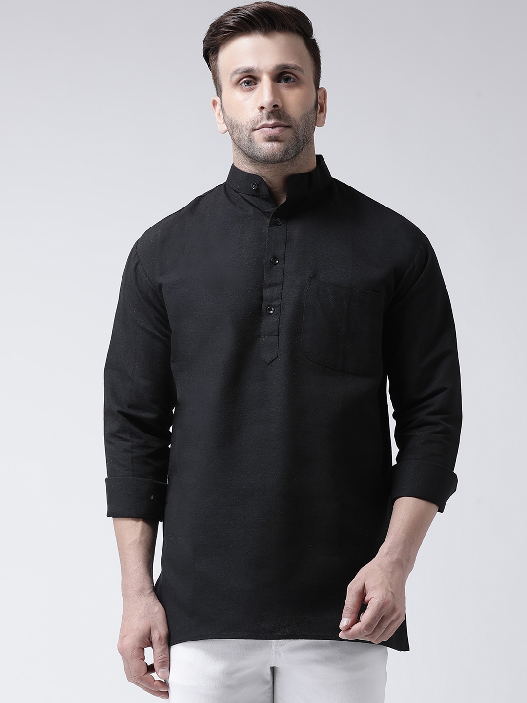 

RIAG Mandarin Collar Roll Up Sleeves Cotton Short Kurta, Black