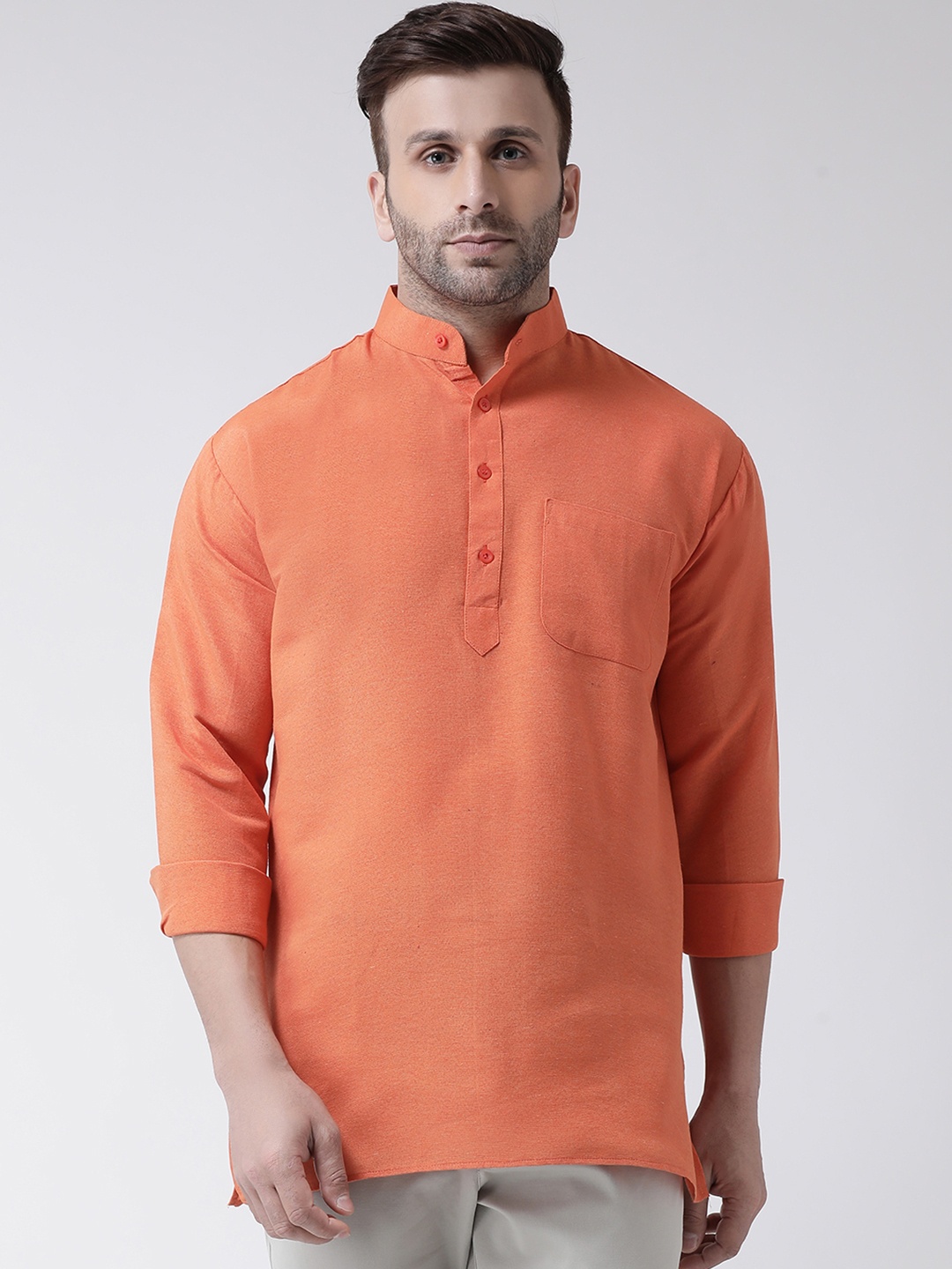 

RIAG Band Collar Long Sleeves Cotton Kurta, Orange