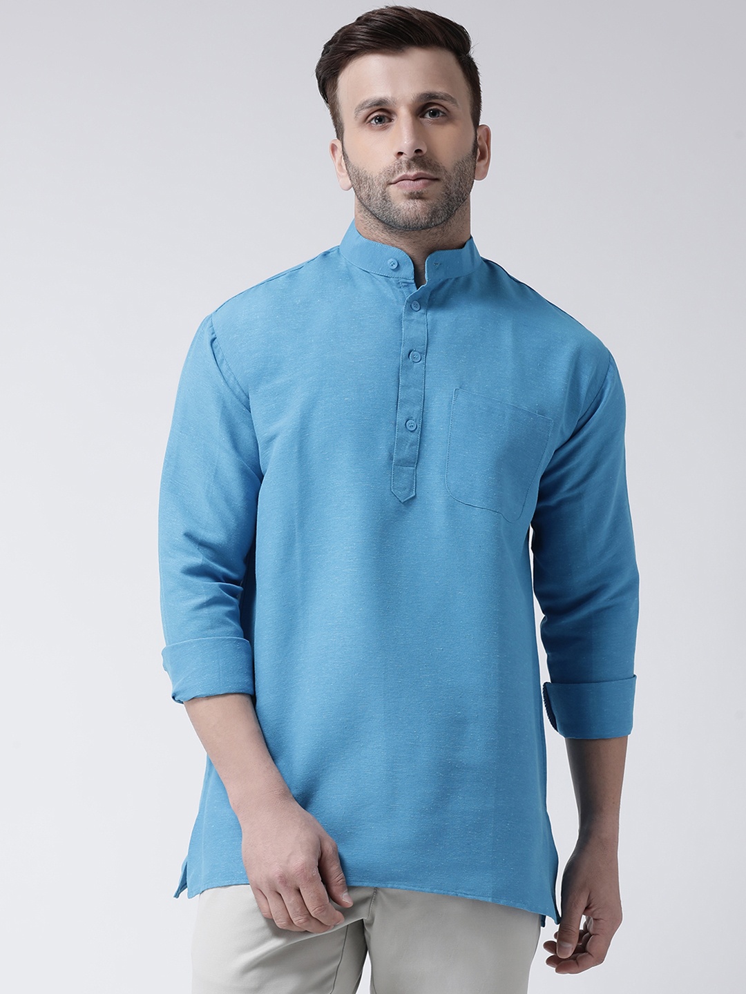 

RIAG Mandarin Collar Roll Up Sleeves Cotton Indigo Short Kurta, Blue