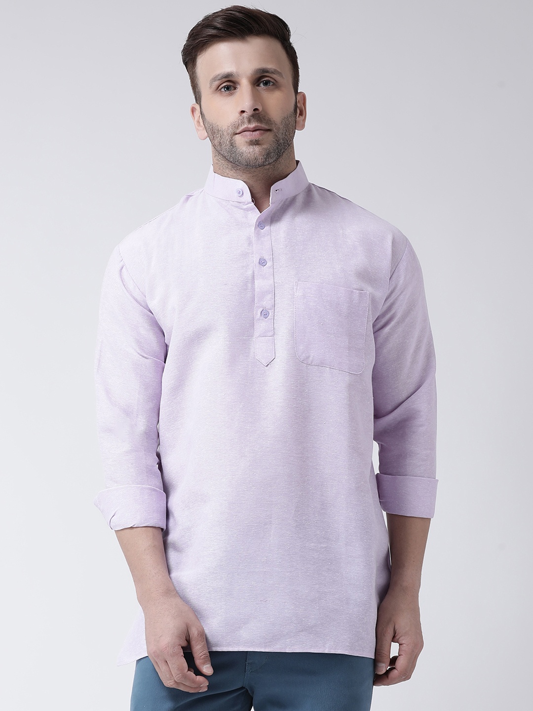 

RIAG Mandarin Collar Roll Up Sleeves Cotton Indigo Short Kurta, Violet