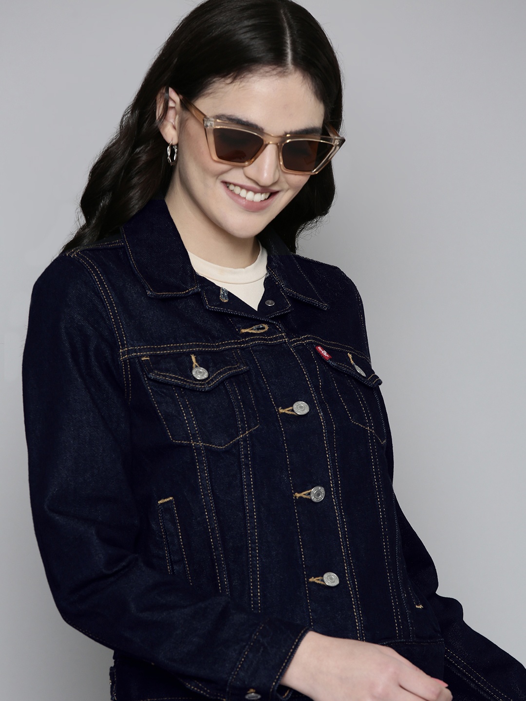 

Levis Women Solid Collared Pure Cotton Denim Jacket, Navy blue