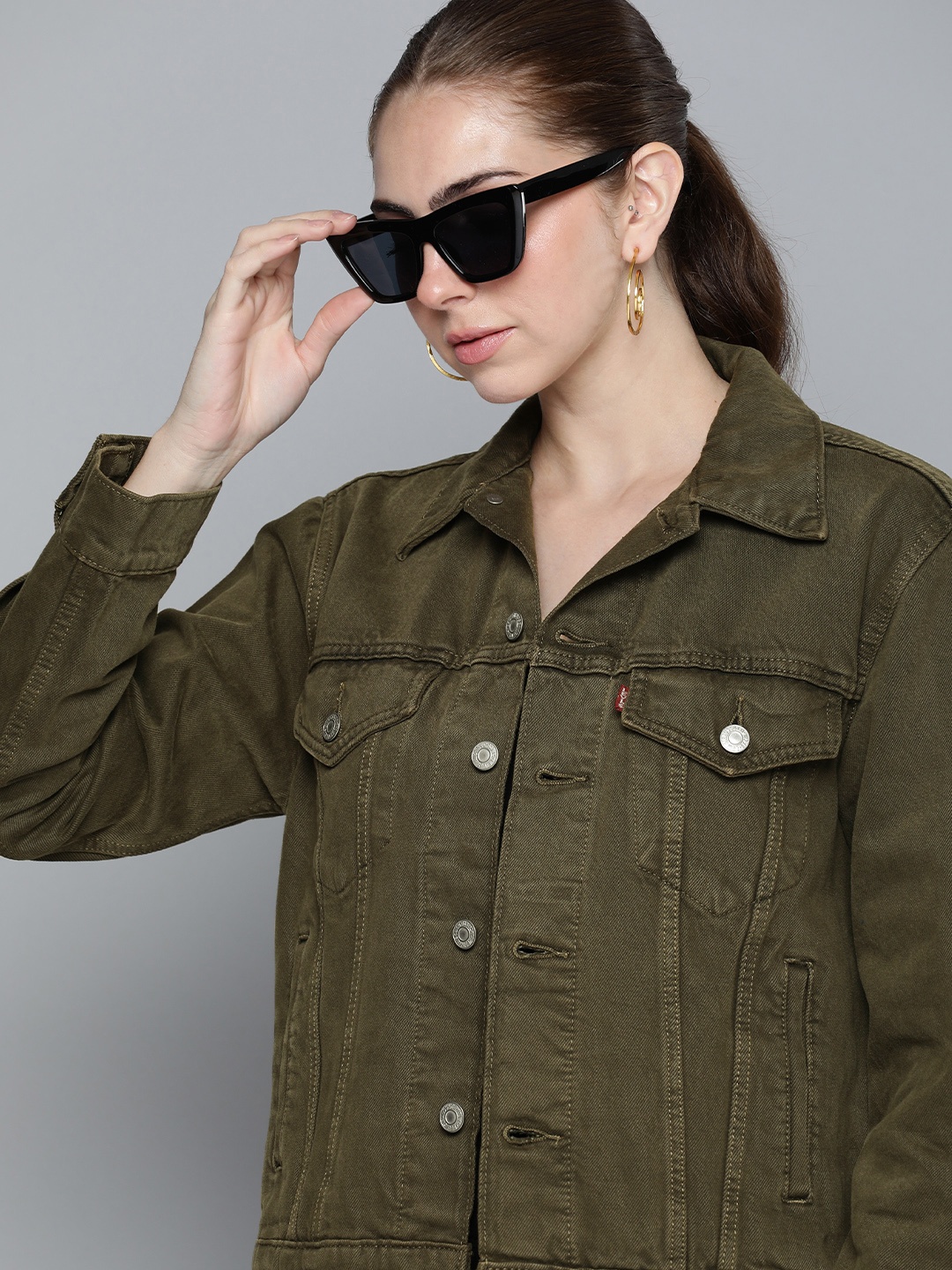 

Levis Spread Collar Long Sleeves Pure Cotton Denim Jacket, Olive