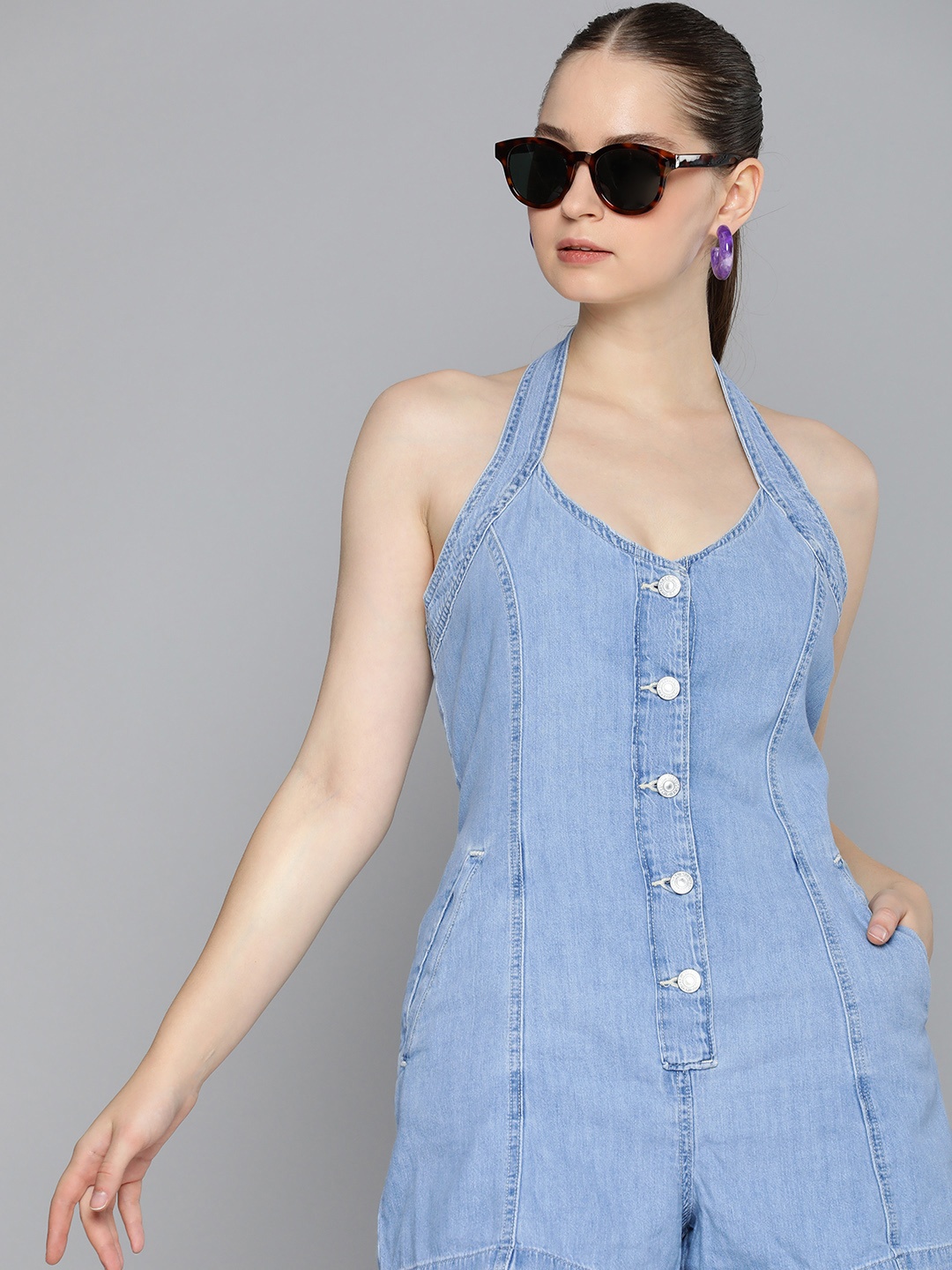 

Levis Pure Cotton Halter Neck Denim Playsuit, Blue