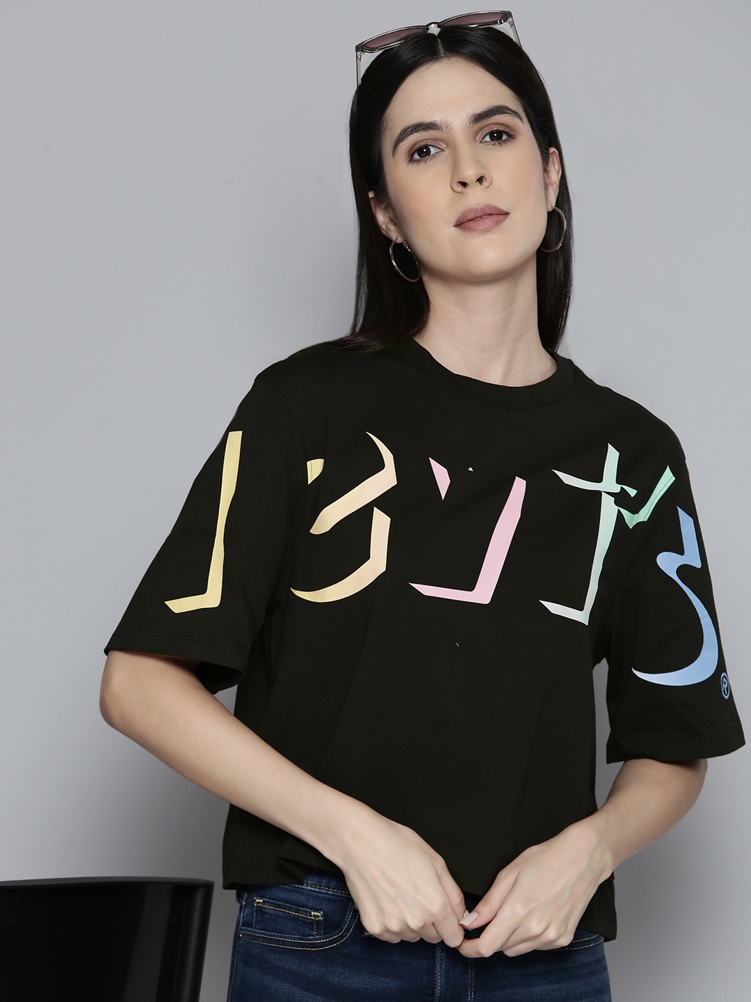 

Levis Women Brand Logo Printed Drop-Shoulder Sleeves Pure Cotton T-shirt, Black