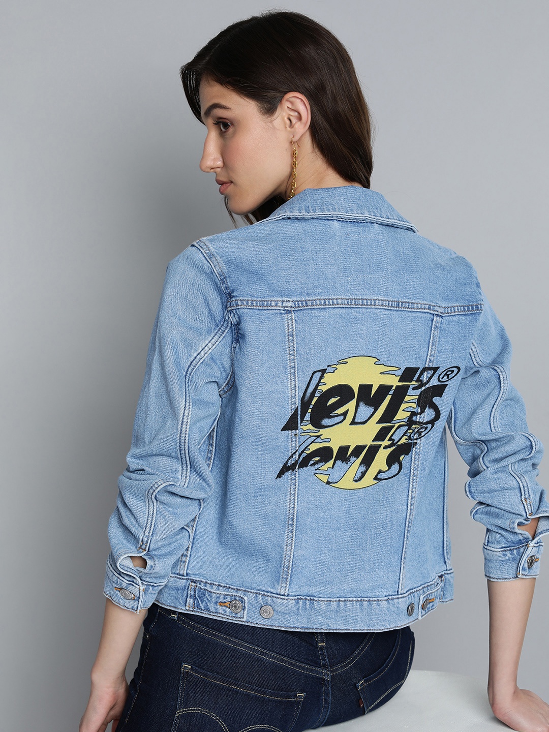 

Levis Spread Collar Brand Logo Graphic Printed Denim Jacket, Blue