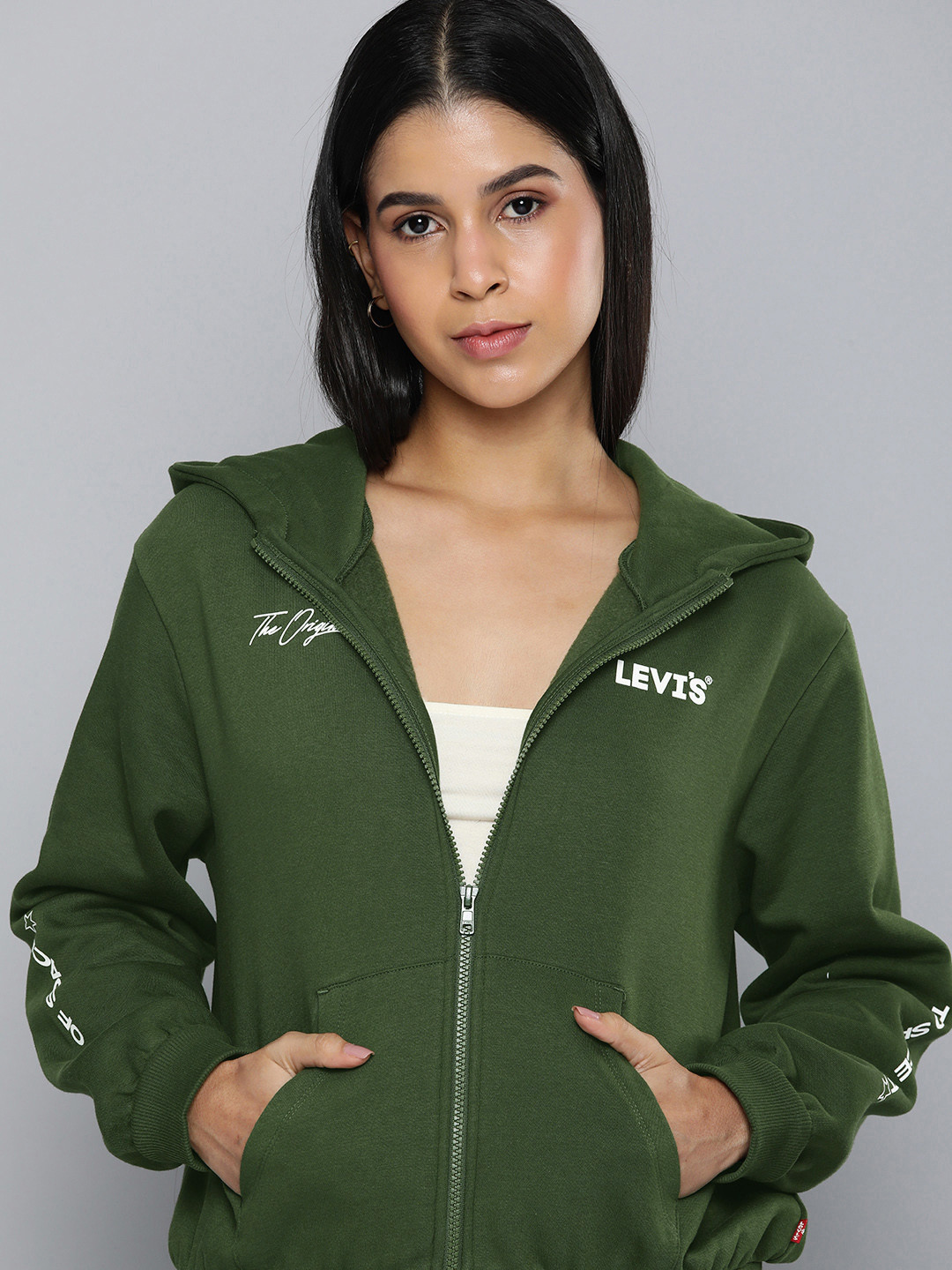 

Levis Brand Logo Printed Front Open Hooded Sweatshirt, Olive