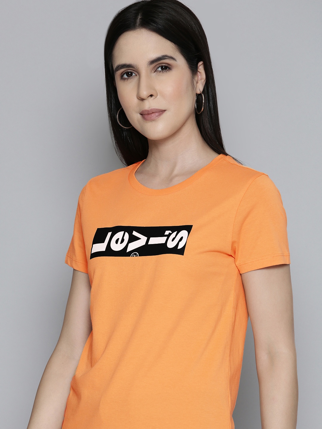 

Levis Women Brand Logo Print Knitted Pure Cotton T-shirt, Orange