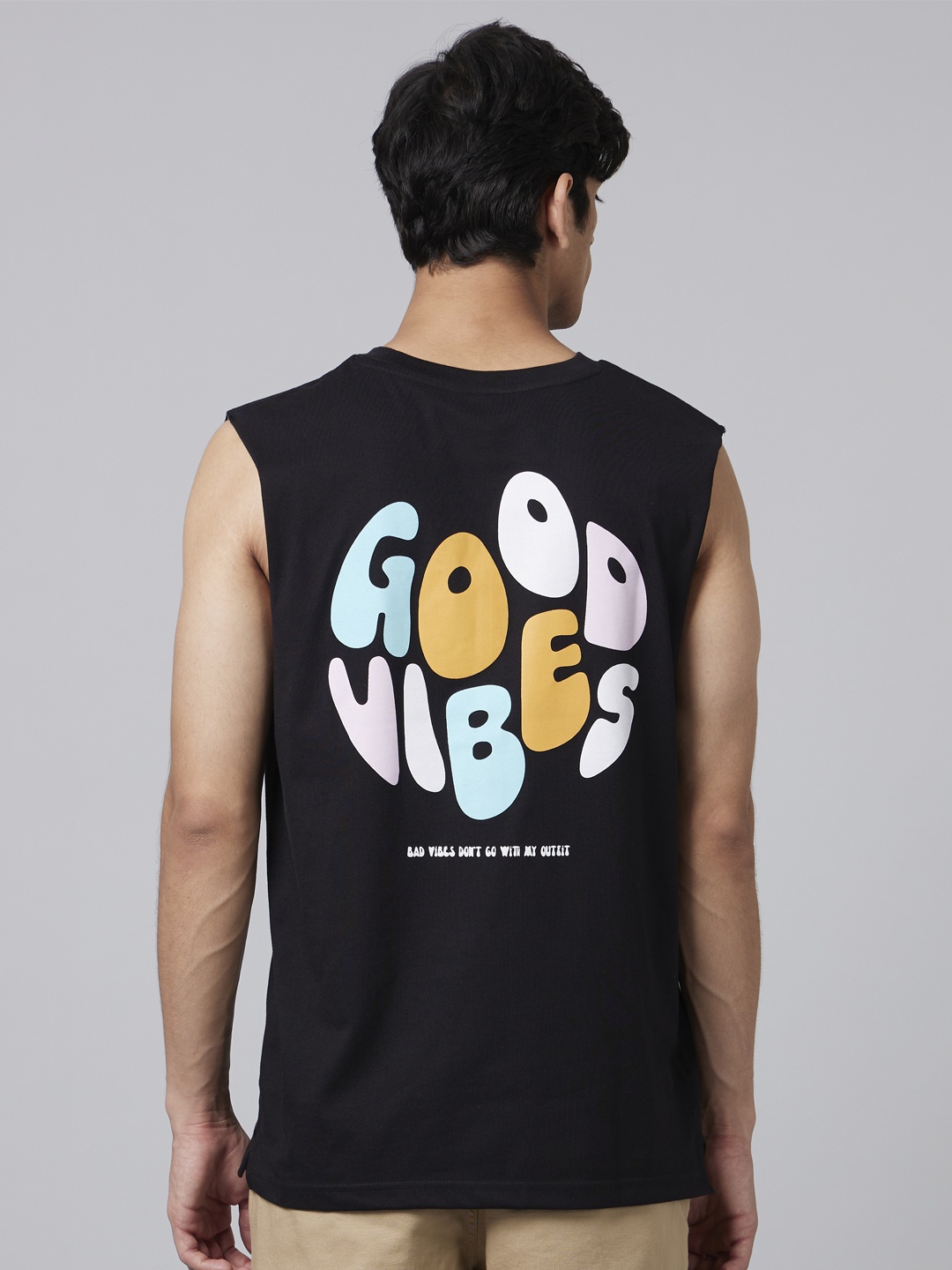 Smugglerz Typography Printed Sleeveless Cotton T-shirt, Black