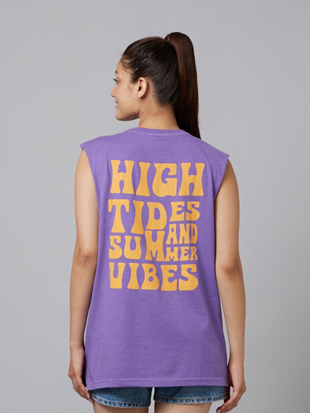 

Smugglerz Typography Printed Sleeveless Cotton T-shirt, Purple