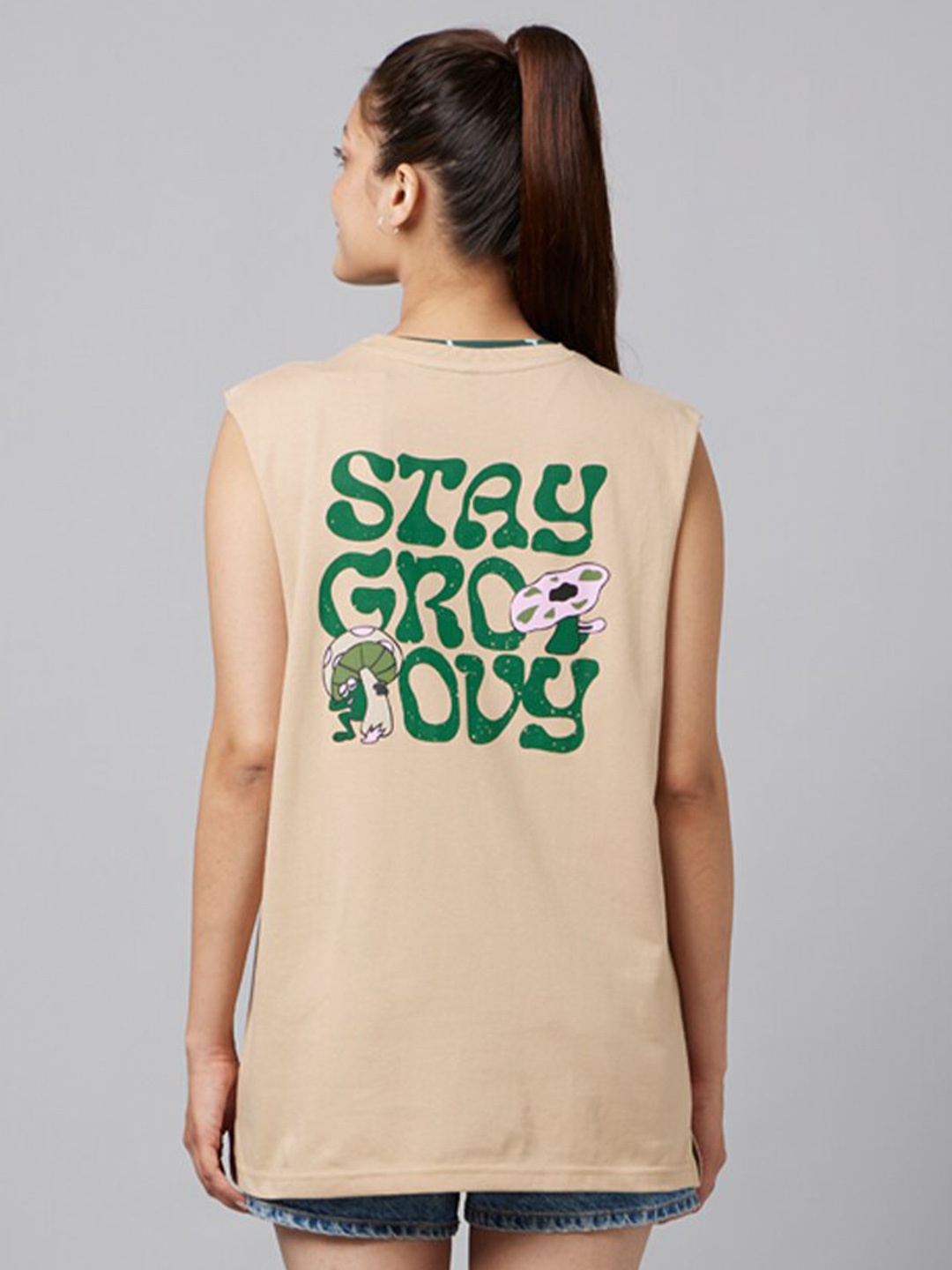 

Smugglerz Typography Printed Sleeveless Cotton T-shirt, Beige