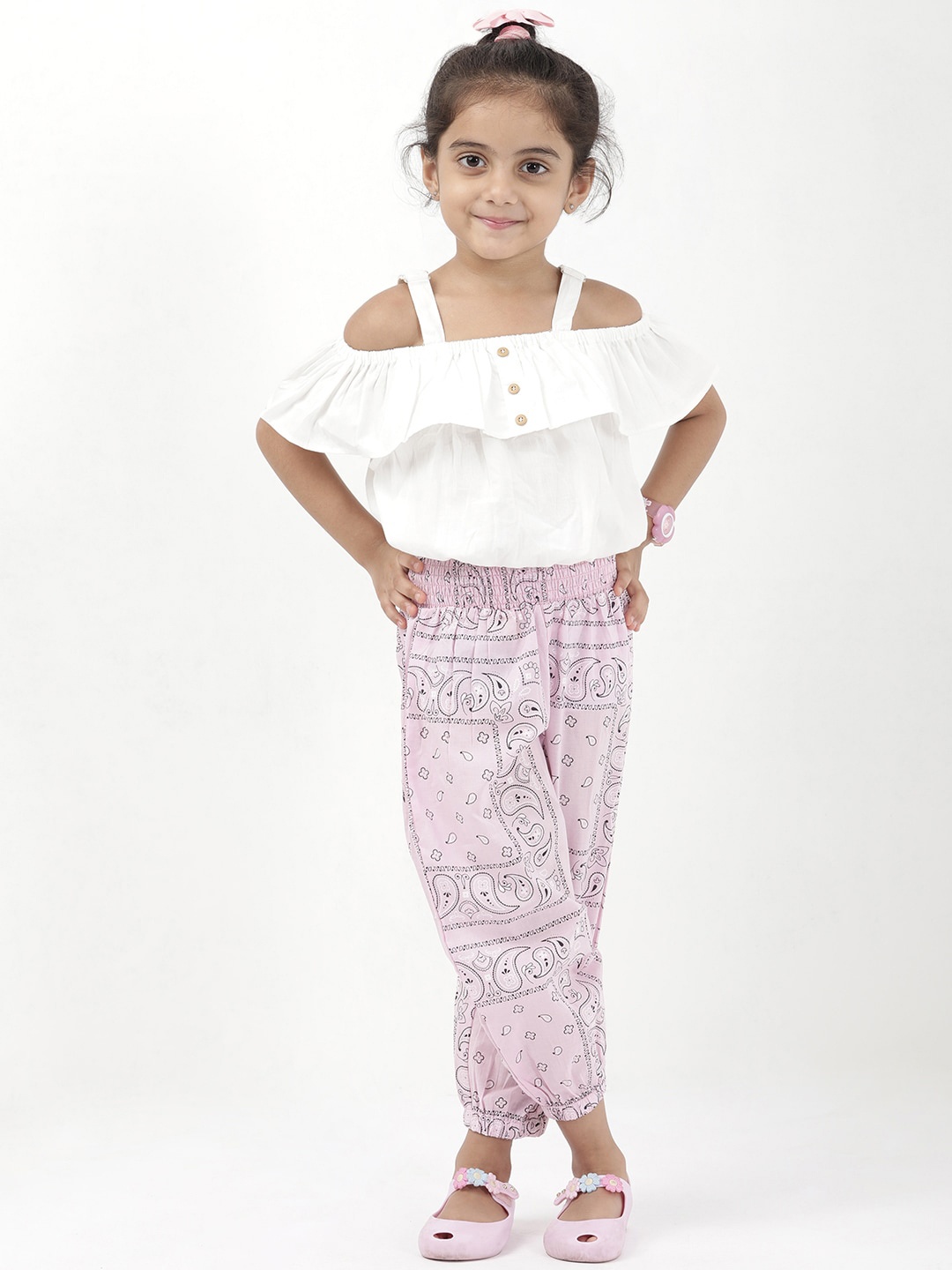 

Budding Bees Girls Cold-Shoulder Pure Cotton Top With Printed Trousers, Pink