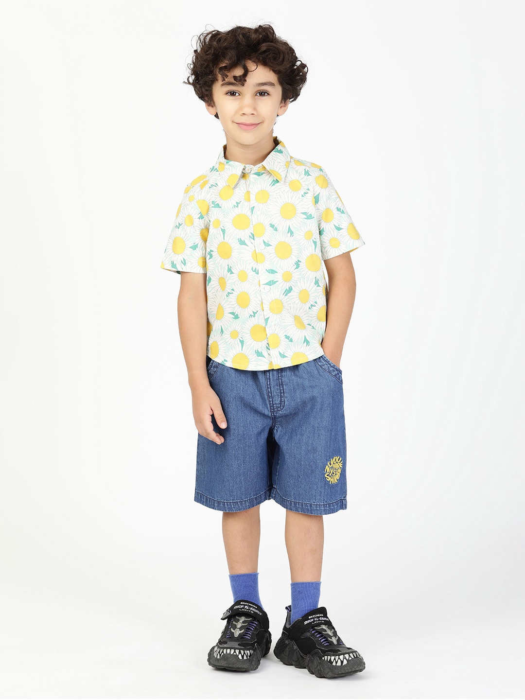 

Budding Bees Boys Floral Printed Shirt With Shorts, Yellow