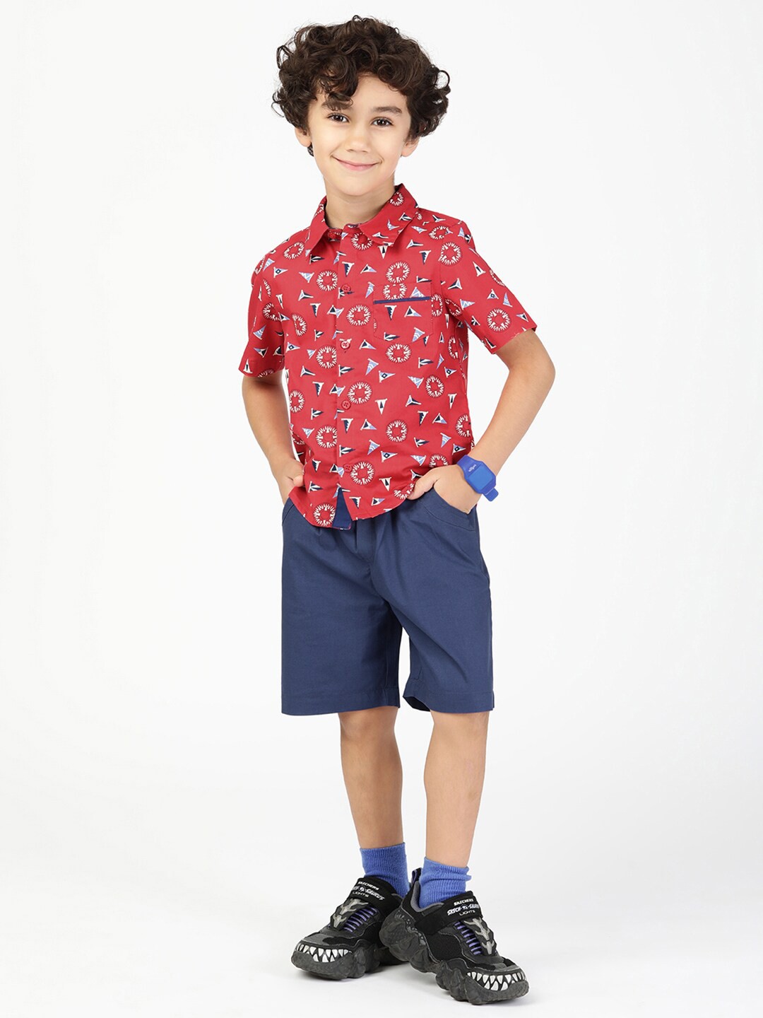 

Budding Bees Boys Printed Pure Cotton Shirt with Shorts, Red
