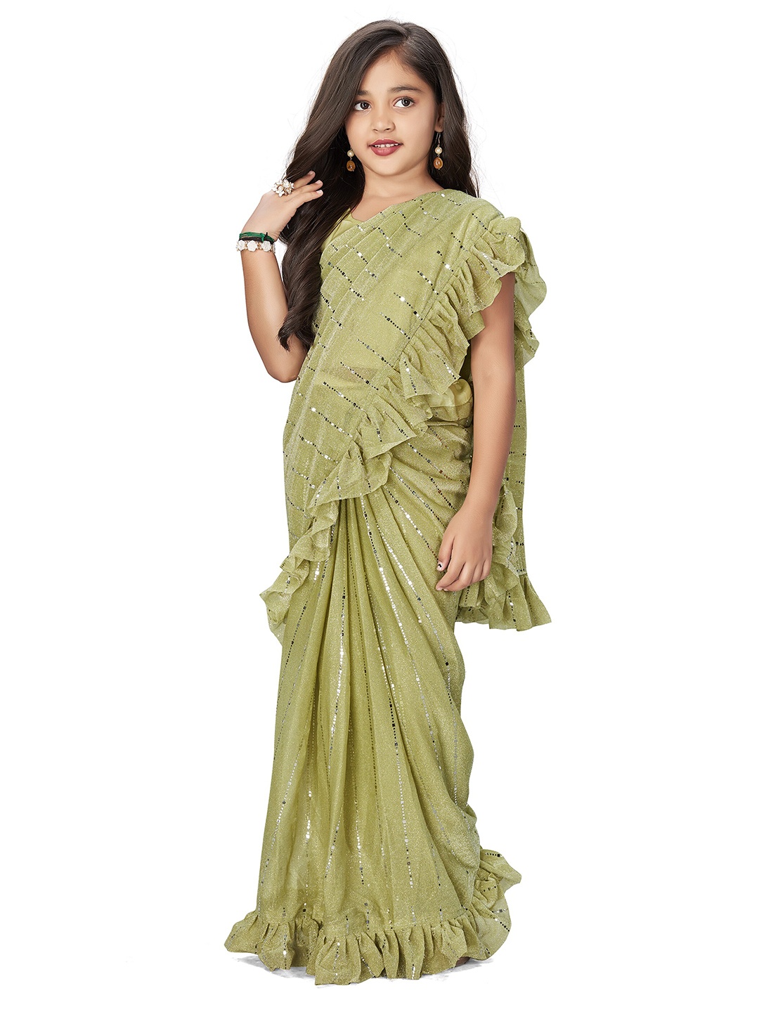 

LOOKS AND LIKES Girls Embellished Ruffle Ready to Wear Saree, Lime green