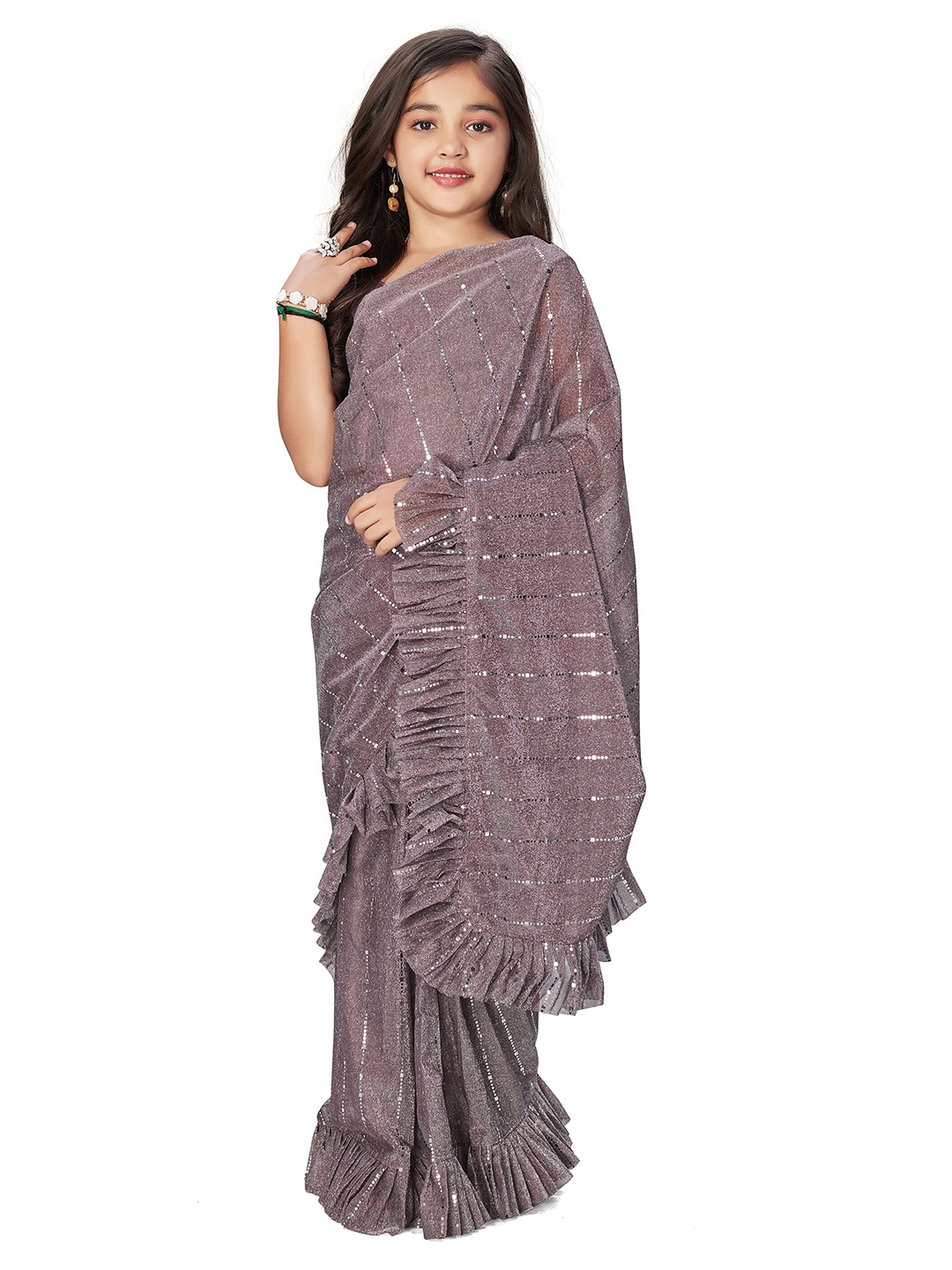 

LOOKS AND LIKES Girls Embellished Ruffle Ready to Wear Saree, Mauve