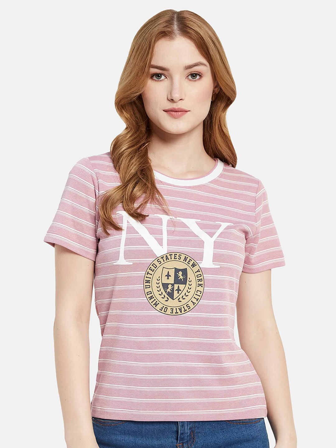 

METTLE Women Striped Cotton Regular Fit T-shirt, Coral