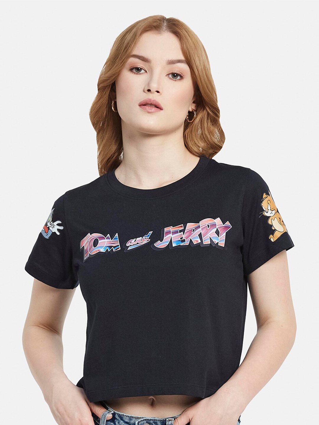 

METTLE Tom & Jerry Printed Cotton Knitted Crop T-shirt, Black
