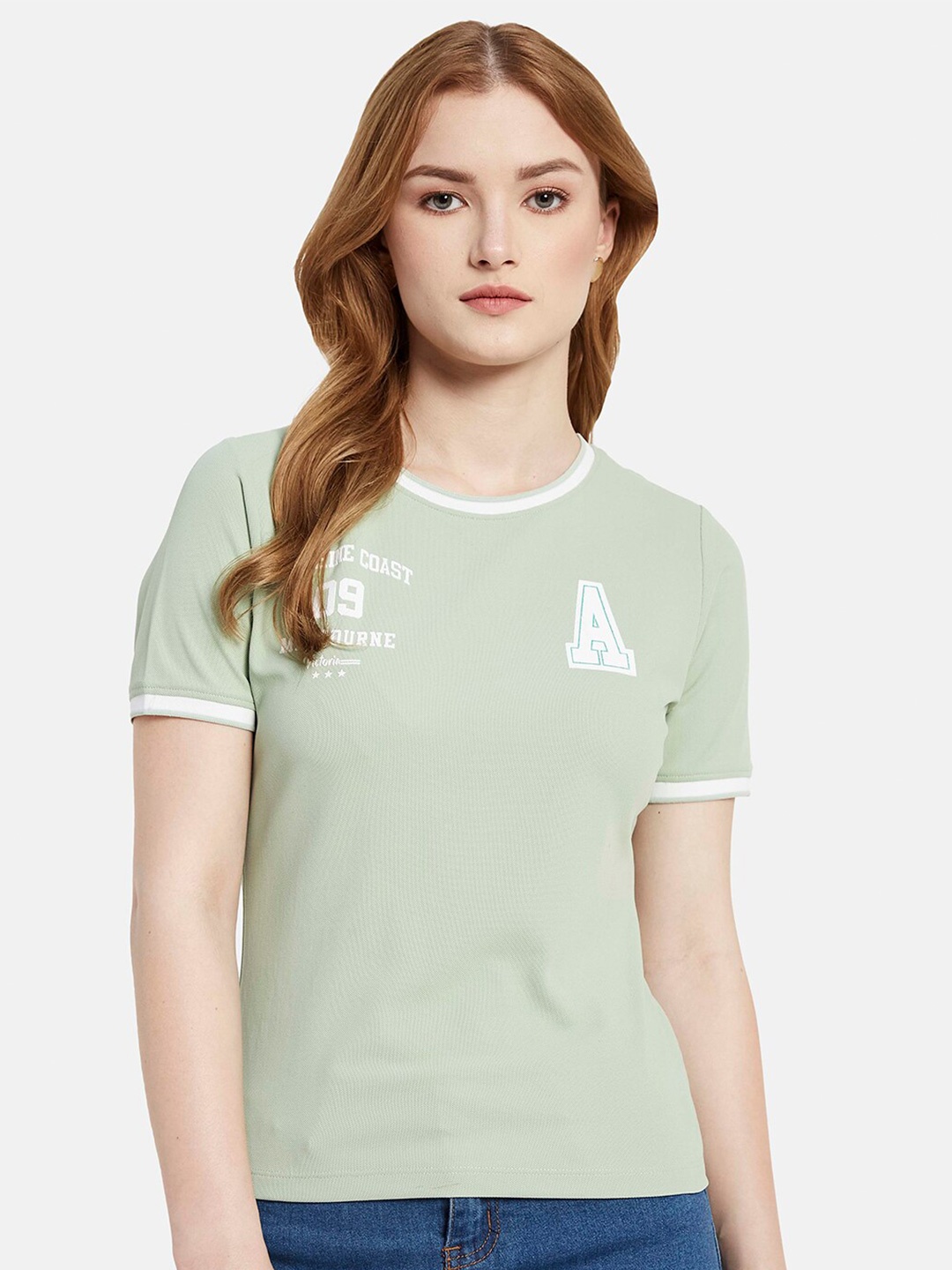 

METTLE Varsity Printed Regular-Fit Cotton Knitted T-shirt, Sea green