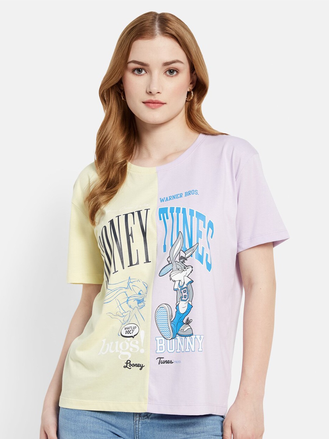 

METTLE Typography Looney Tunes Printed Cotton Knitted T-shirt, Yellow