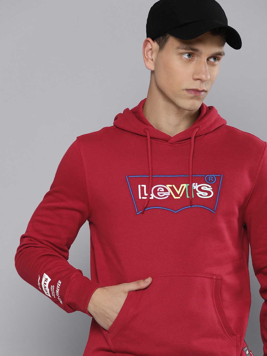 Levis Brand Logo Embroidered Hooded Sweatshirt, Red
