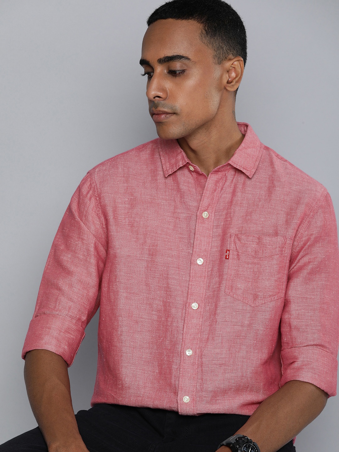 

Levis Linen Cotton Self Design Textured Slim Fit Casual Shirt, Pink