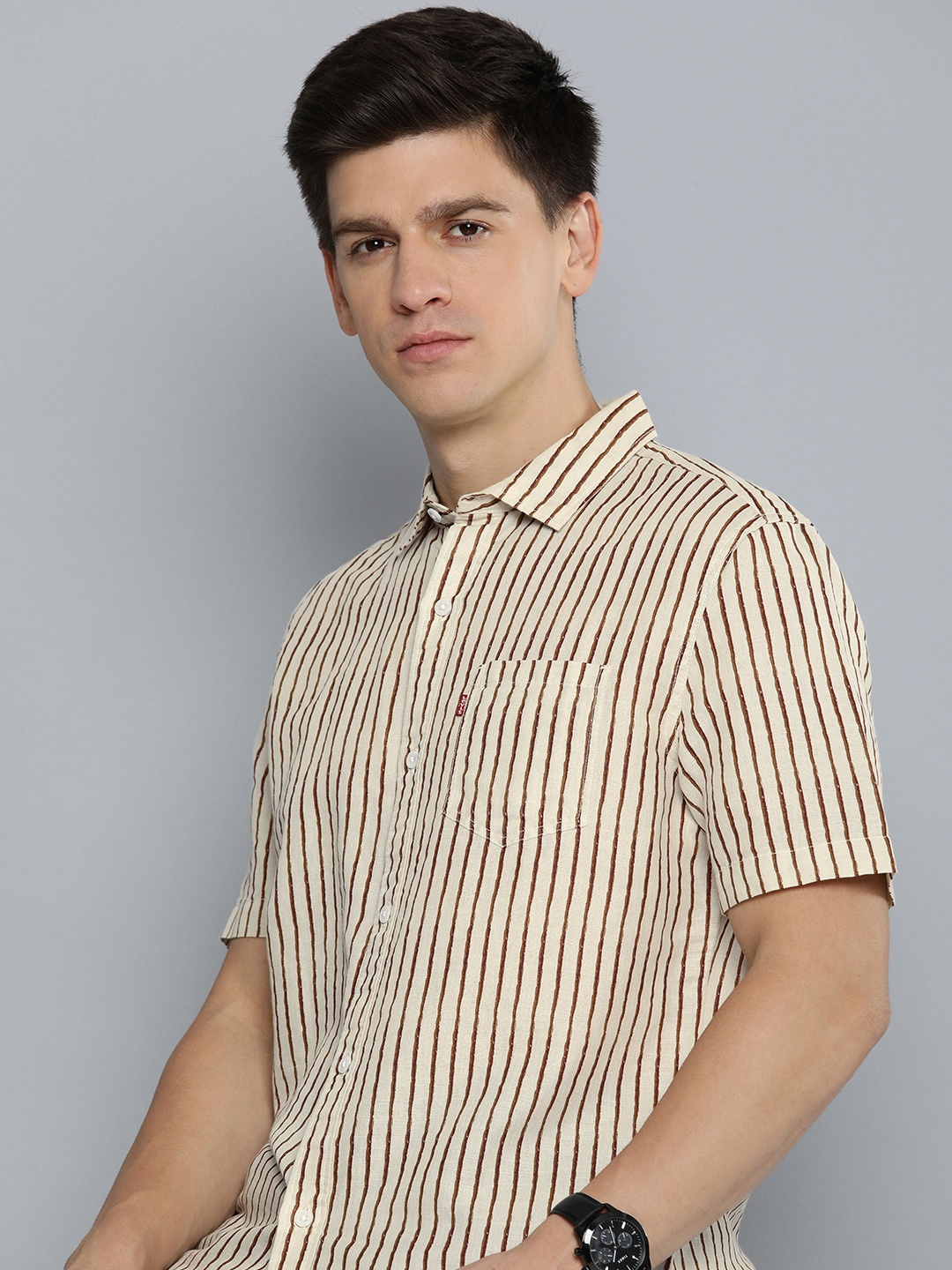 

Levis Slim Fit Striped Cotton Linen Casual Shirt, Off white