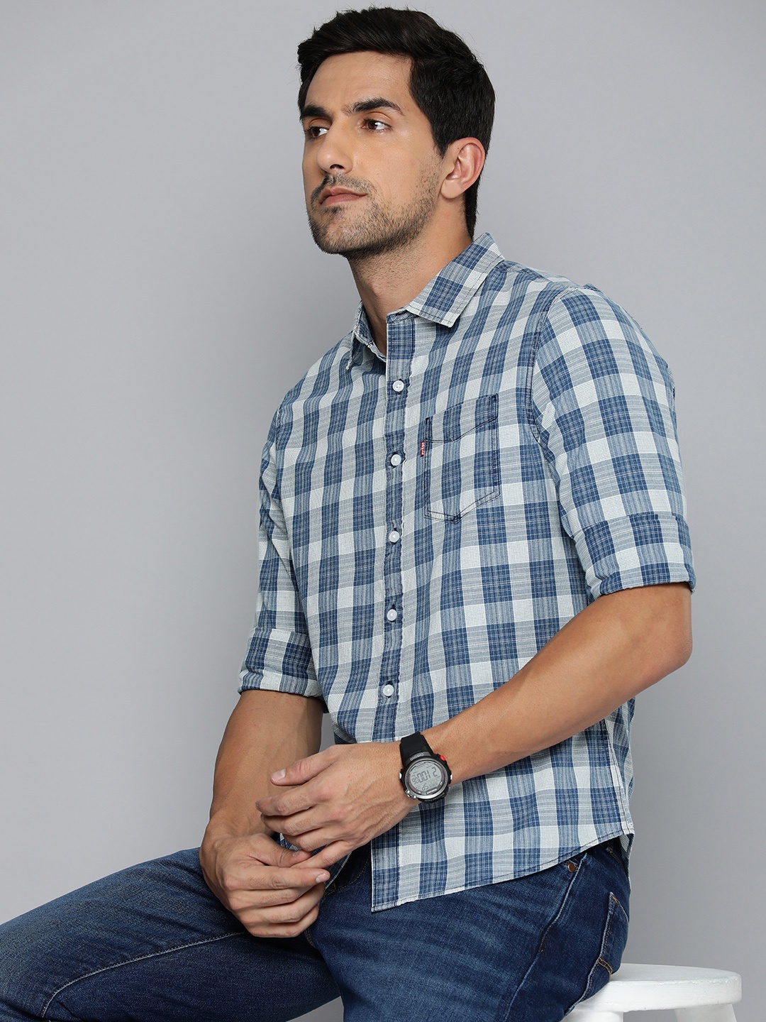 

Levis Slim Fit Checked Pure Cotton Casual Shirt, Blue