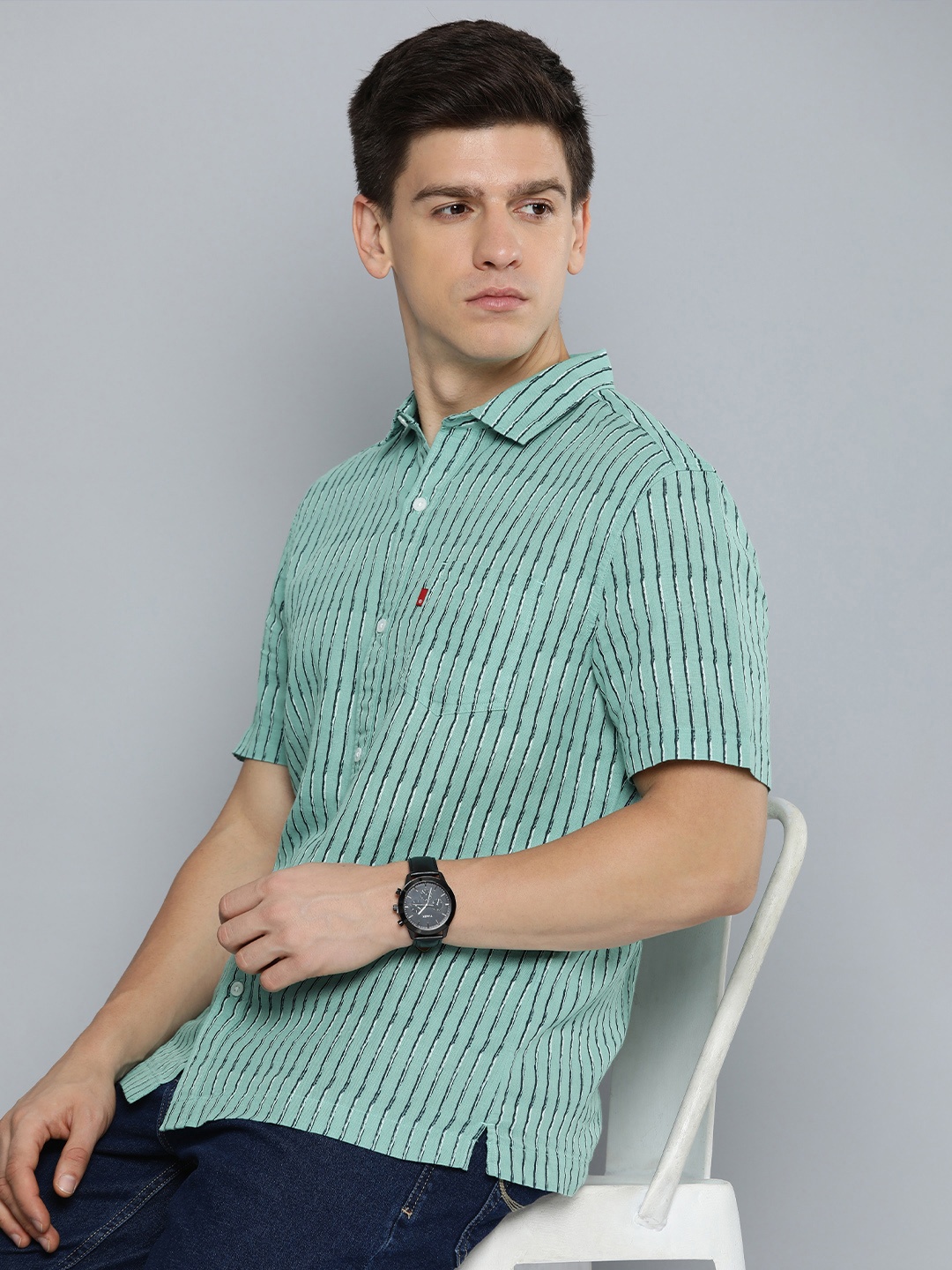 

Levis Slim Fit Striped Cotton Linen Casual Shirt, Sea green