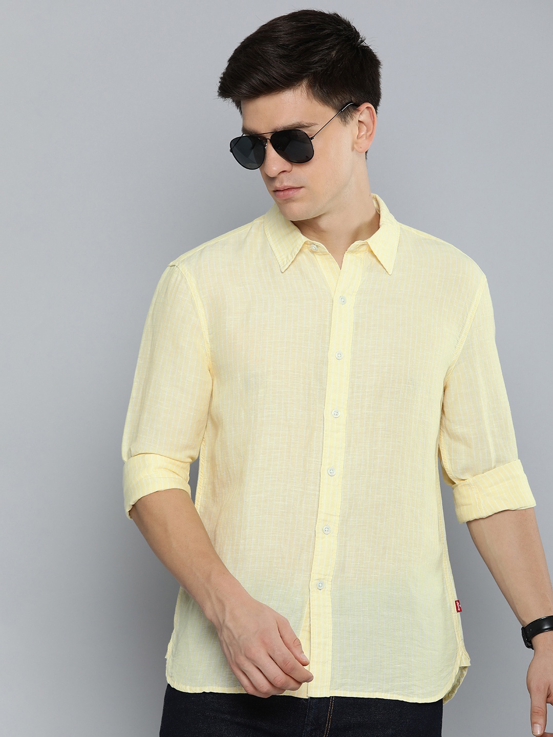 

Levis Slim Fit Full Sleeves Vertical Striped Casual Shirt, Yellow