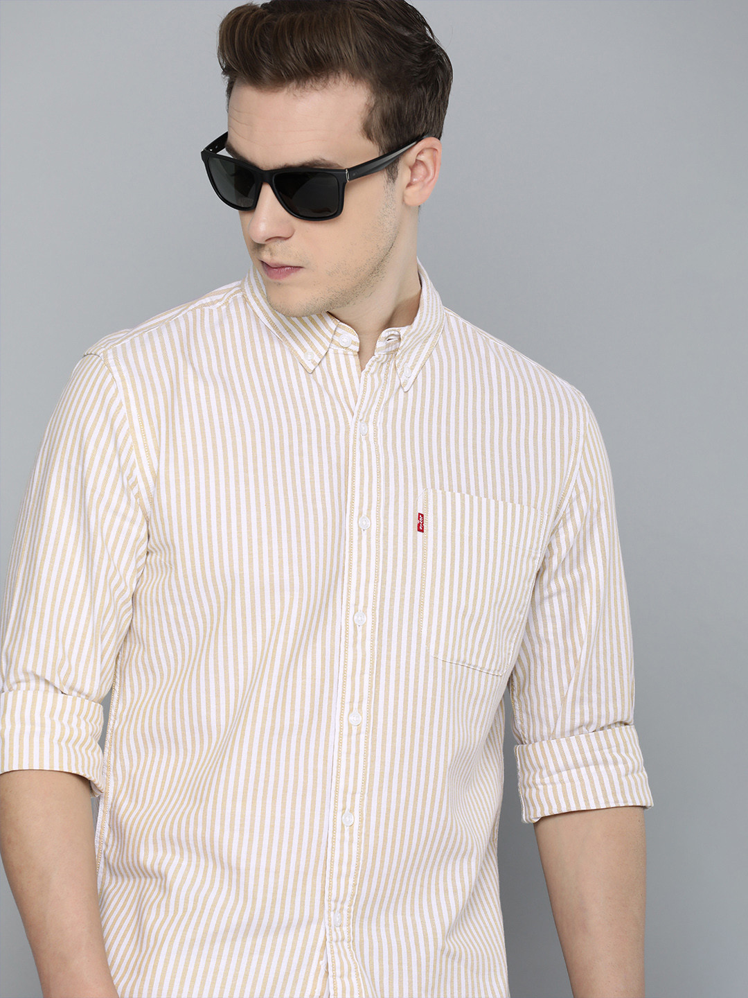 

Levis Pure Cotton Slim Fit Striped Casual Shirt, Beige