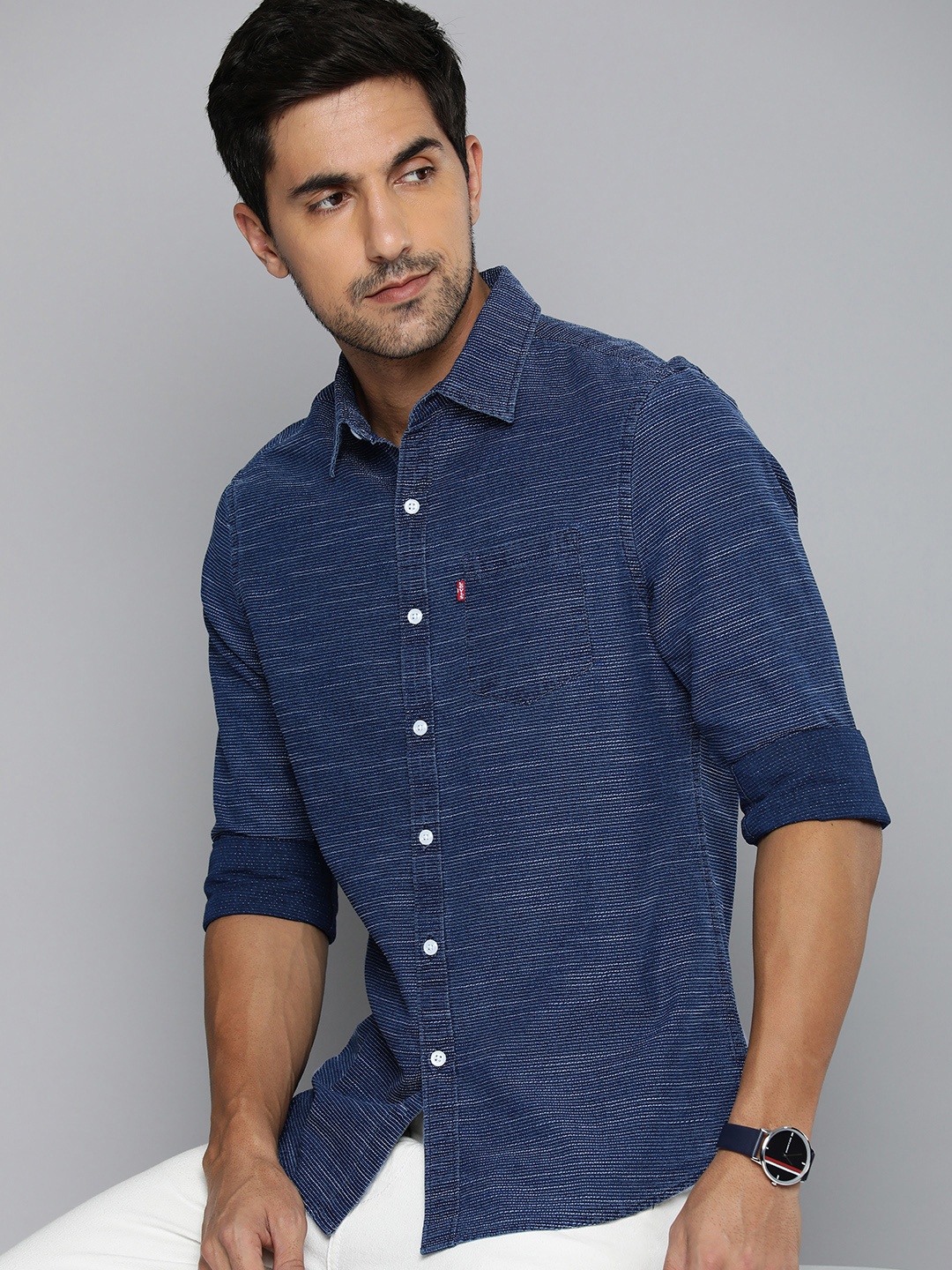 

Levis Slim Fit Striped Pure Cotton Casual Shirt, Navy blue