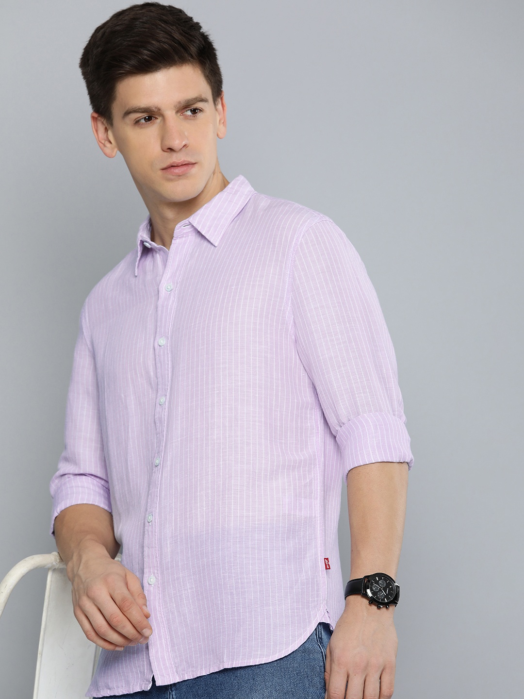 

Levis Slim Fit Full Sleeves Vertical Striped Casual Shirt, Purple