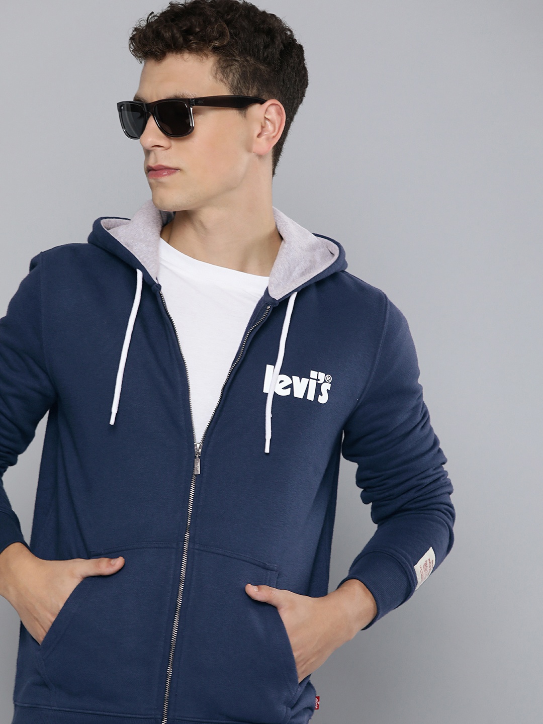 

Levis Brand Logo Printed Front-Open Hooded Sweatshirt, Blue