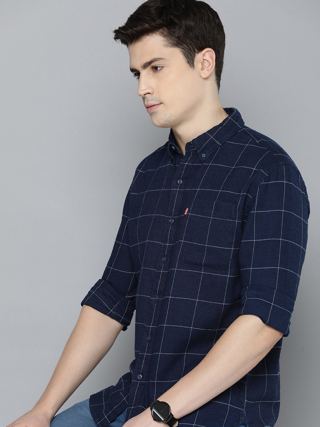 

Levis Slim Fit Pure Cotton Checked Casual Shirt, Navy blue