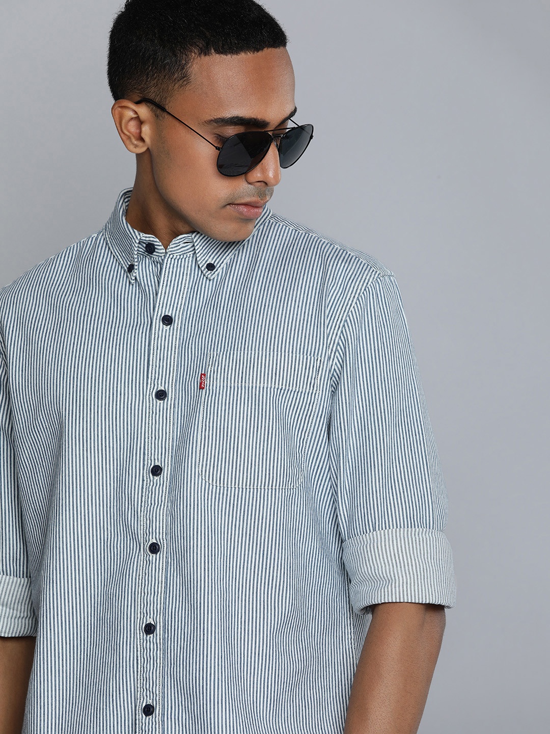 

Levis Pure Cotton Slim Fit Striped Casual Shirt, Blue