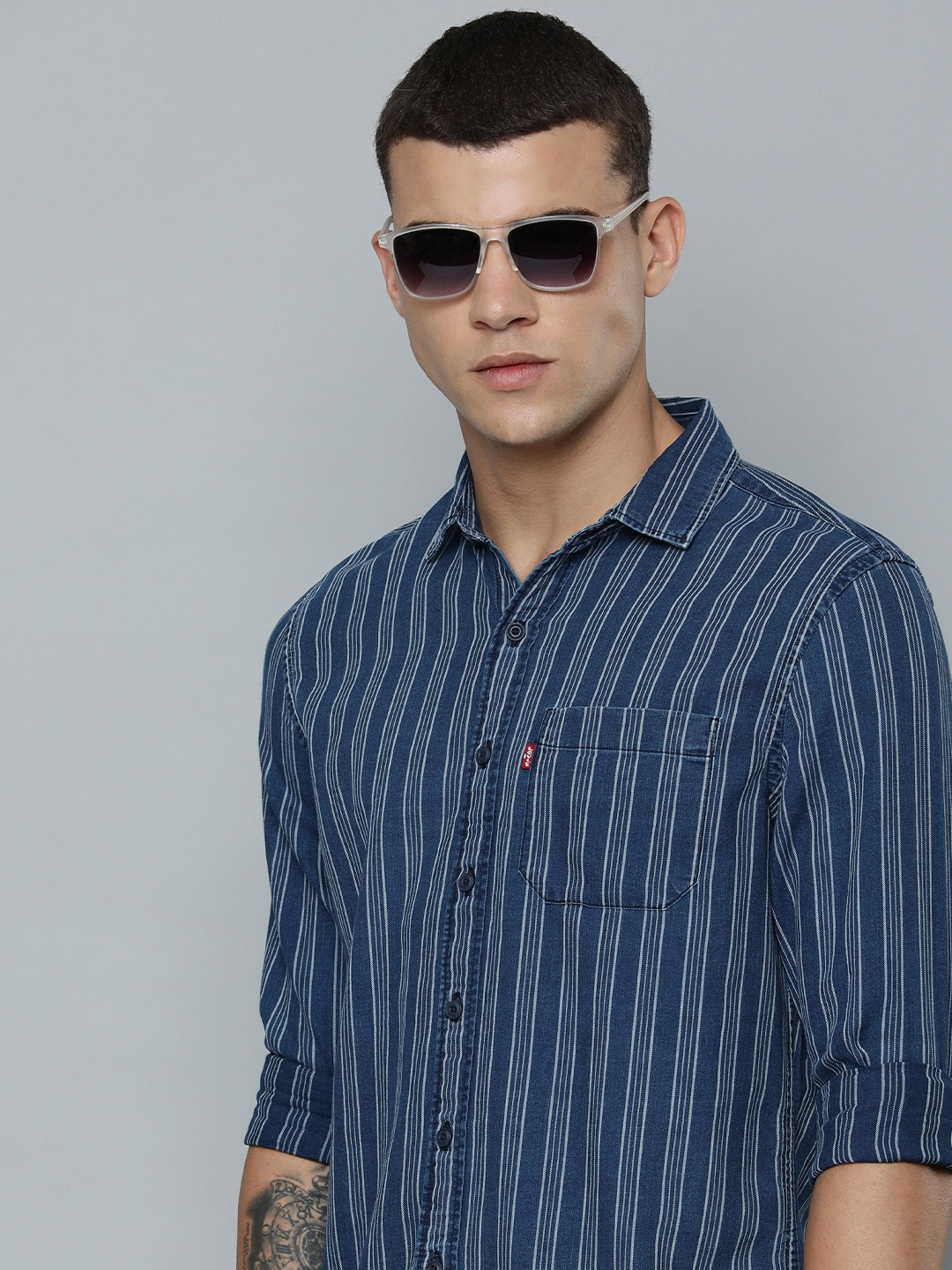 

Levis Pure Cotton Slim Fit Striped Casual Shirt, Blue