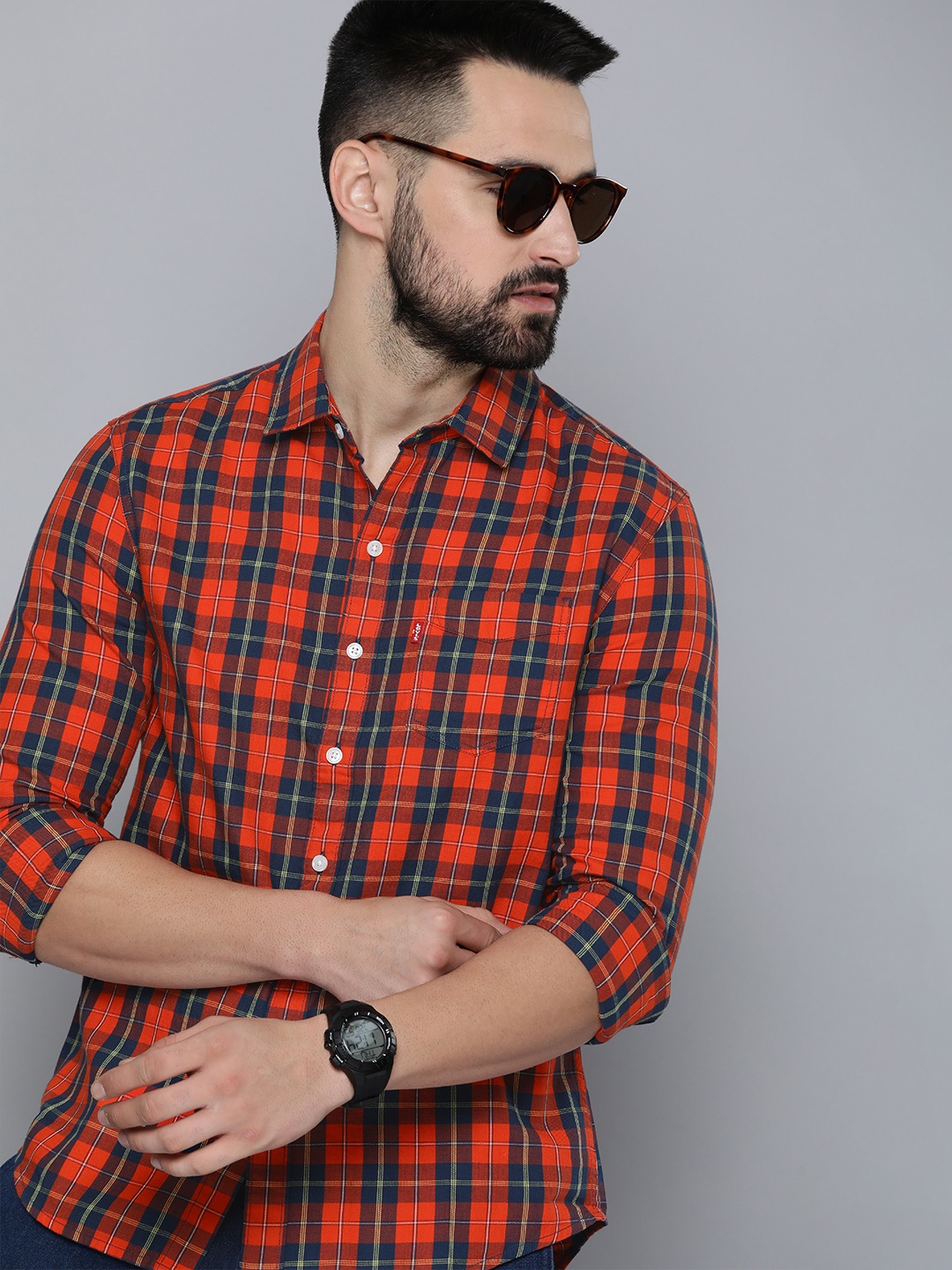 

Levis Pure Cotton Slim Fit Tartan Checked Full Sleeves Casual Shirt, Orange