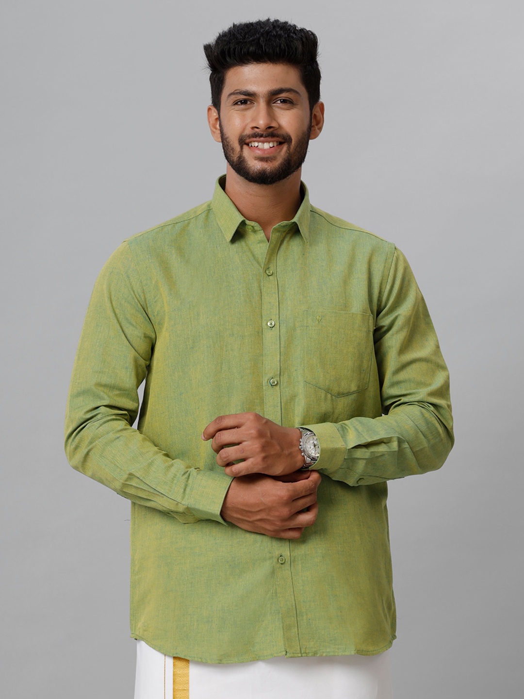

Ramraj Spread Collar Casual Linen Shirt, Green