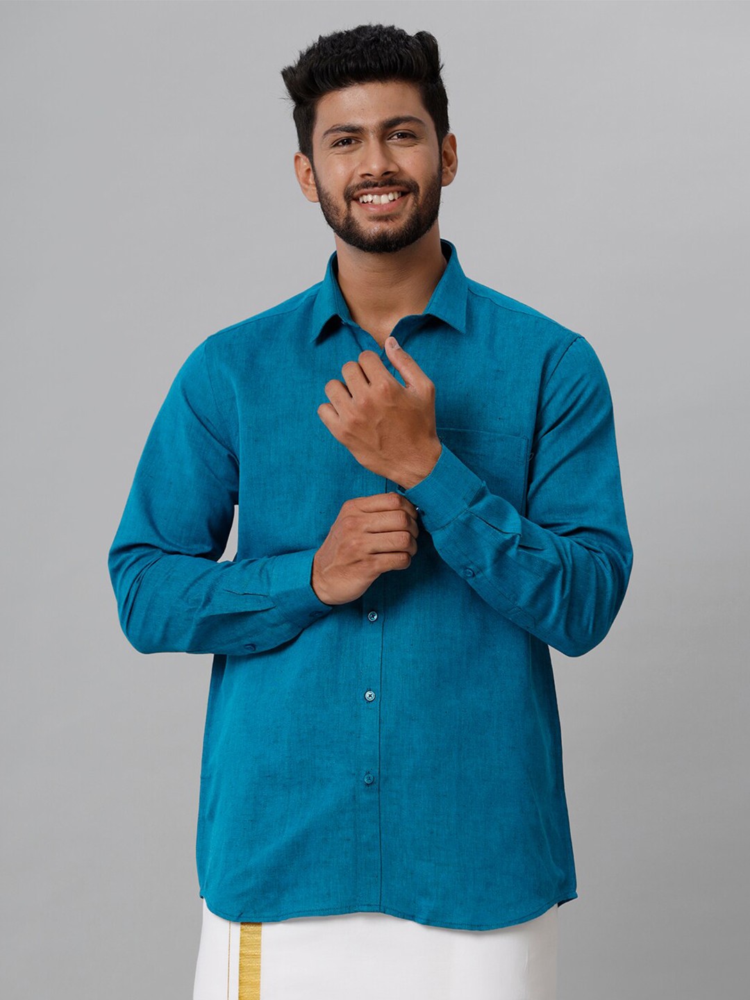 

Ramraj Spread Collar Casual Linen Shirt, Blue