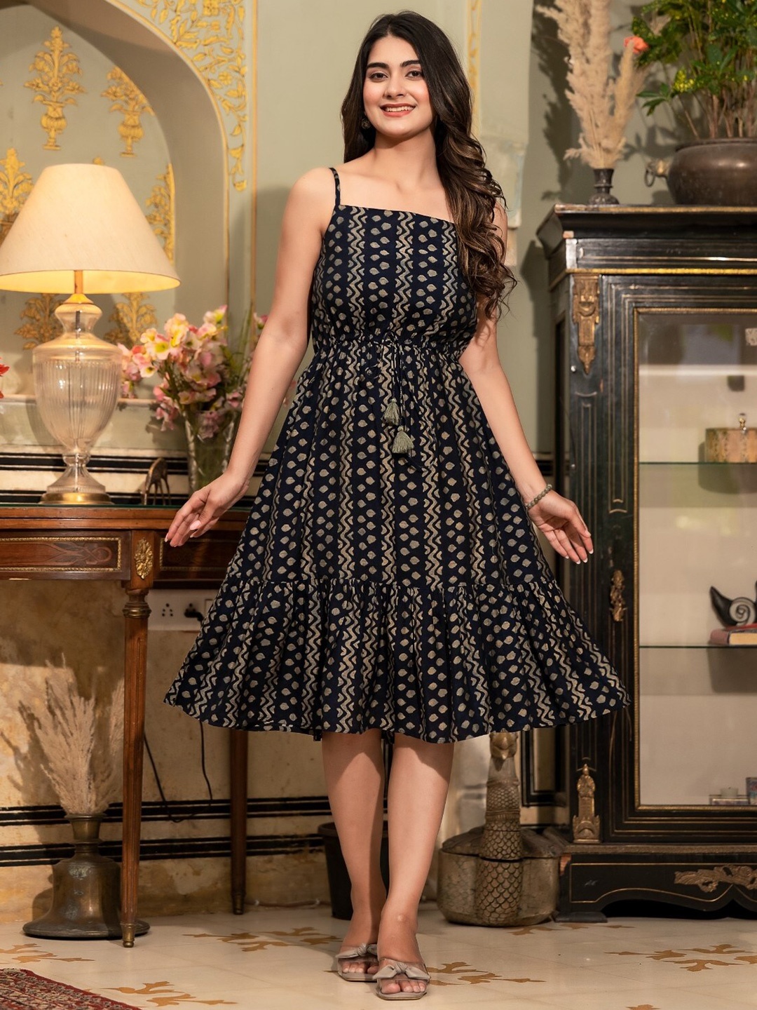 

Ramas Ethnic Motif Printed Shoulder Straps Fit & Flare Dress, Blue